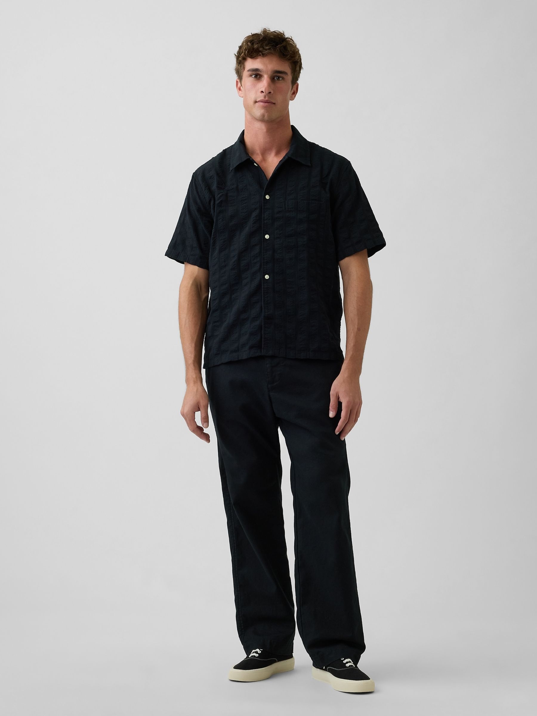 Black Linen-Cotton Relaxed Tapered Trousers - Image 1 of 4