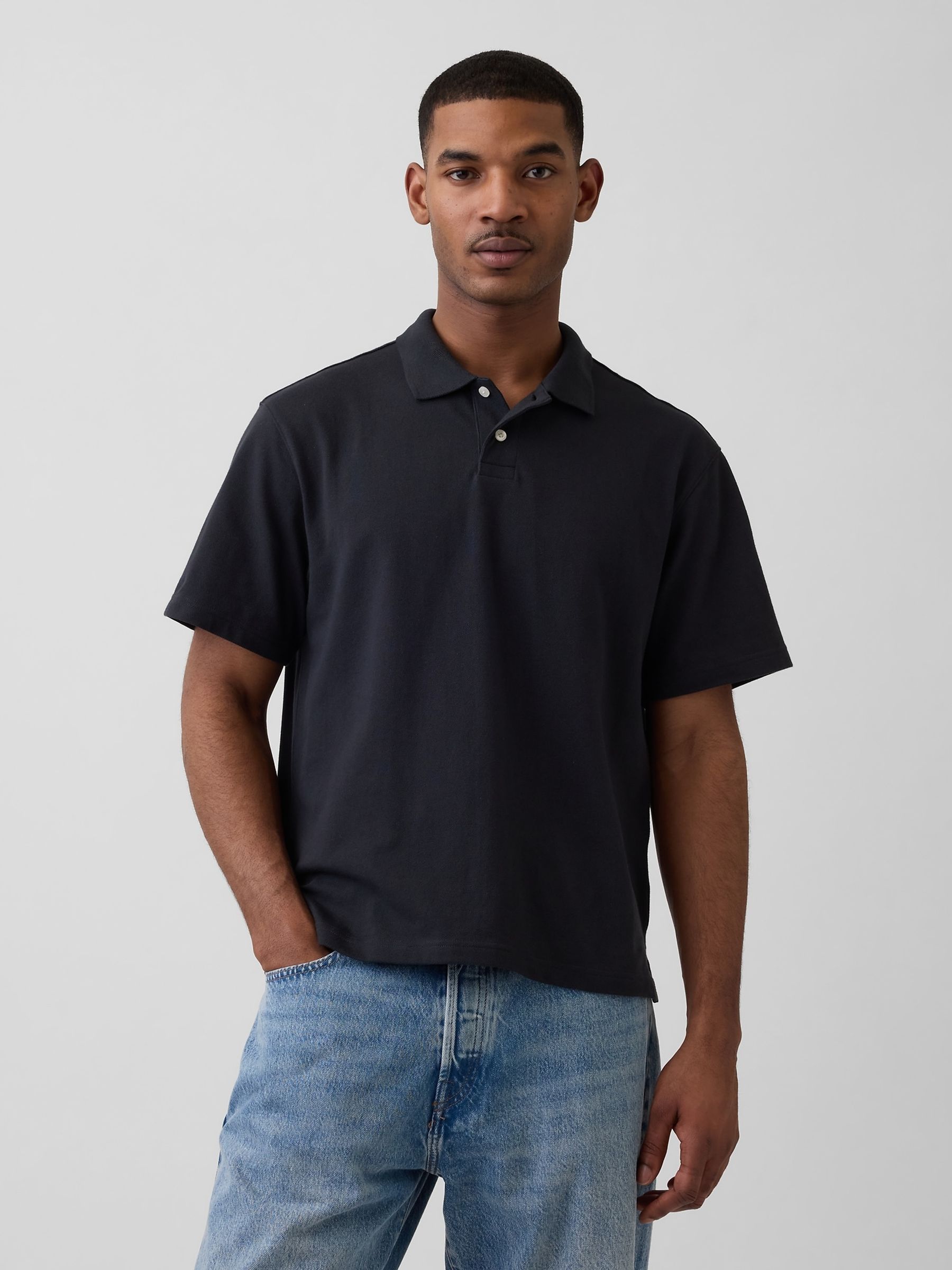 Black Relaxed Pique Polo Shirt - Image 1 of 4