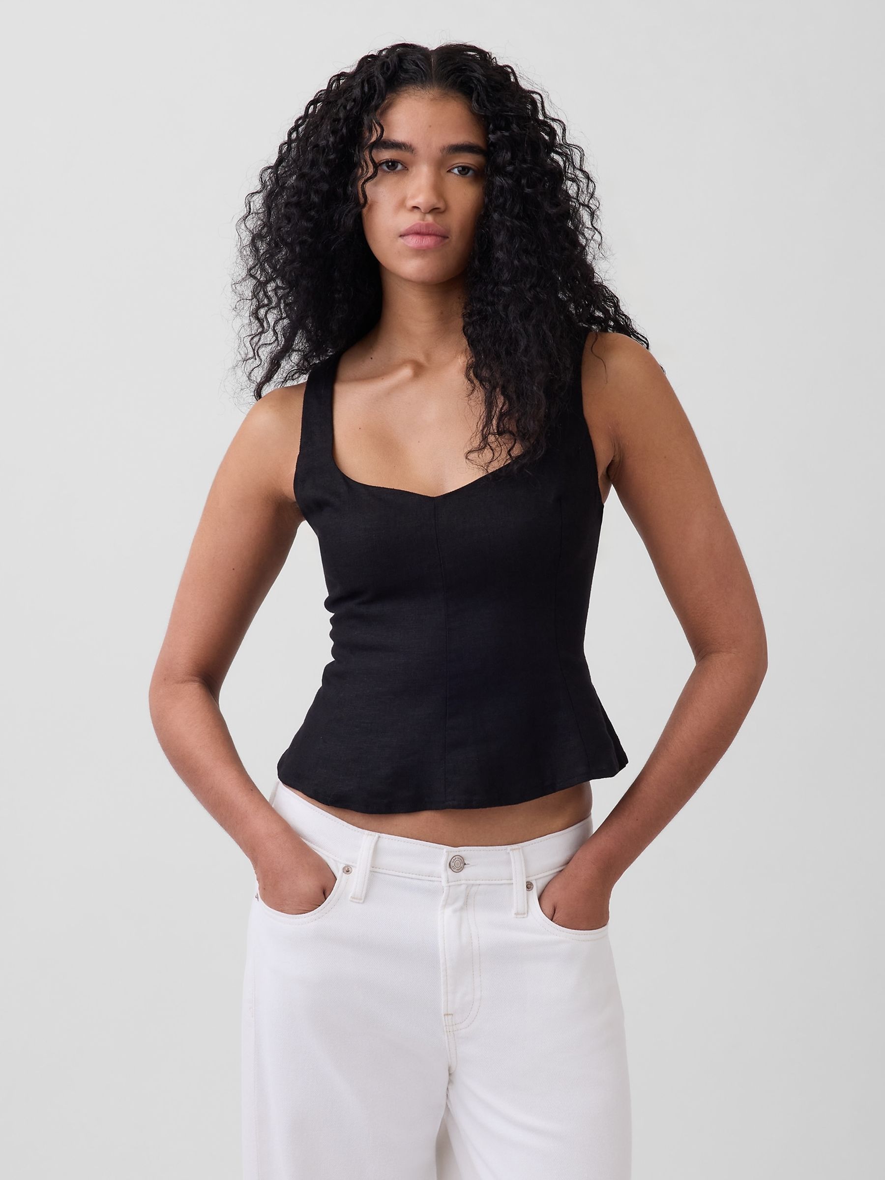 Black Linen-Blend Peplum Top - Image 1 of 4