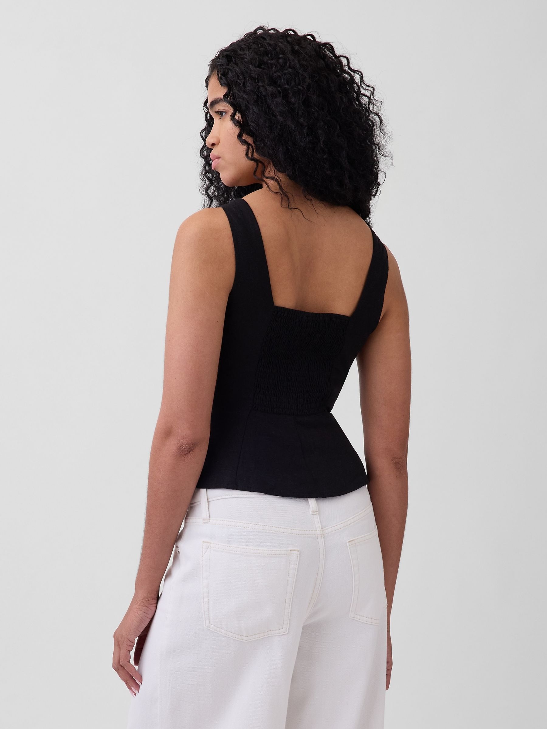 Black Linen-Blend Peplum Top - Image 2 of 4