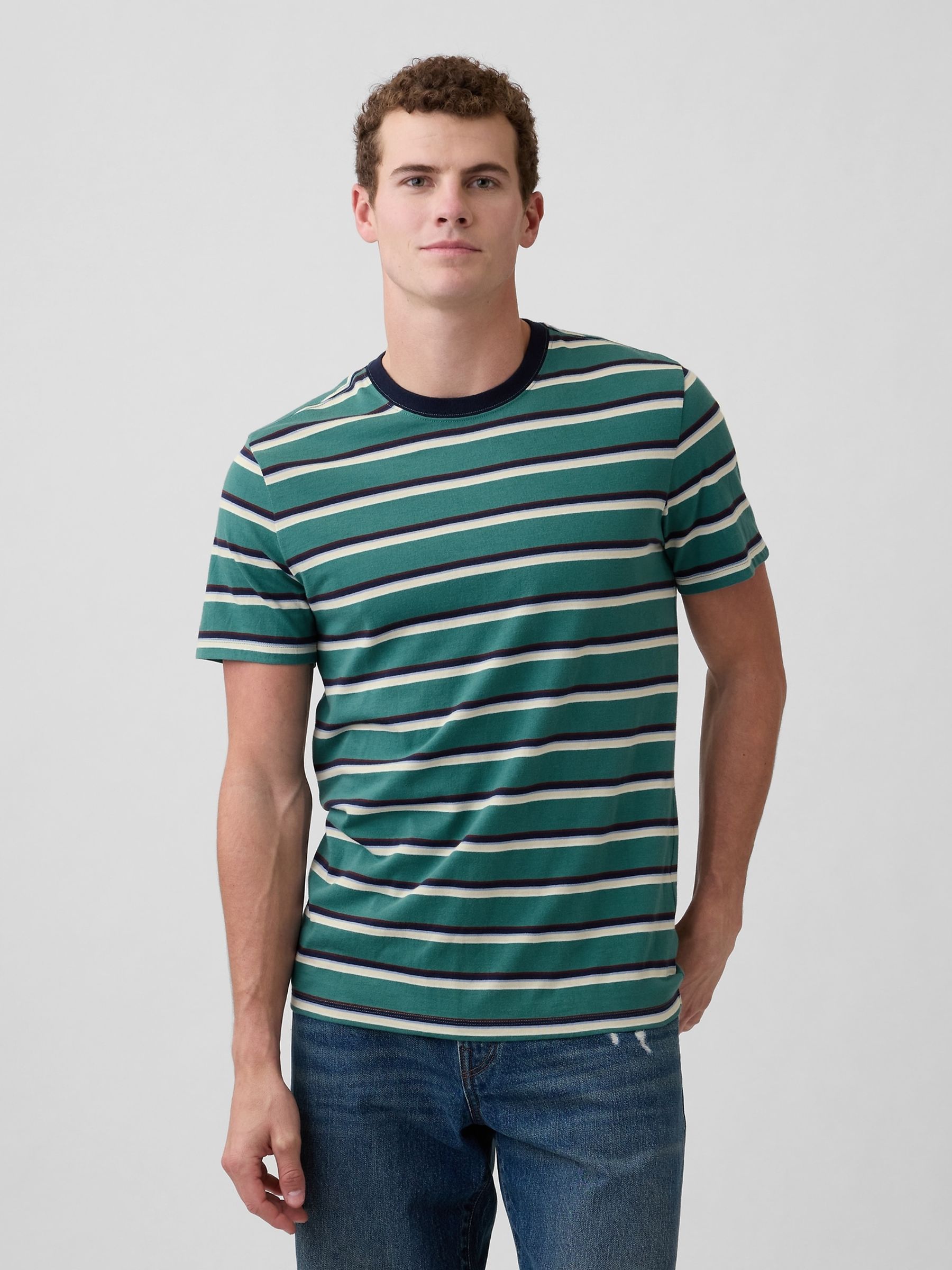 Green Everyday Soft Stripe Crew Neck T-Shirt - Image 1 of 5 Green Everyday Soft Stripe Crew Neck T-Shirt - Image 1 of 5