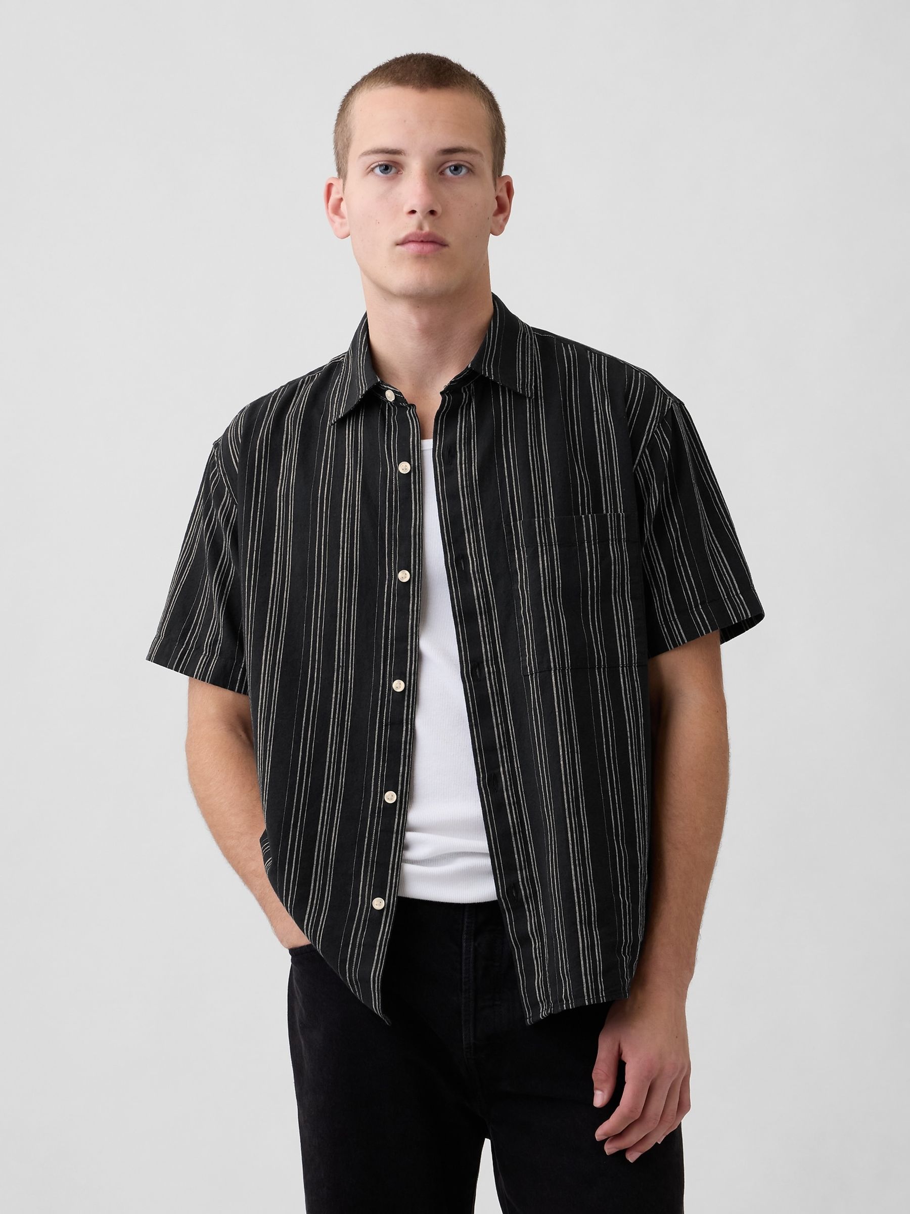 Black Stripe Textured Linen-Cotton Shirt - Image 1 of 4