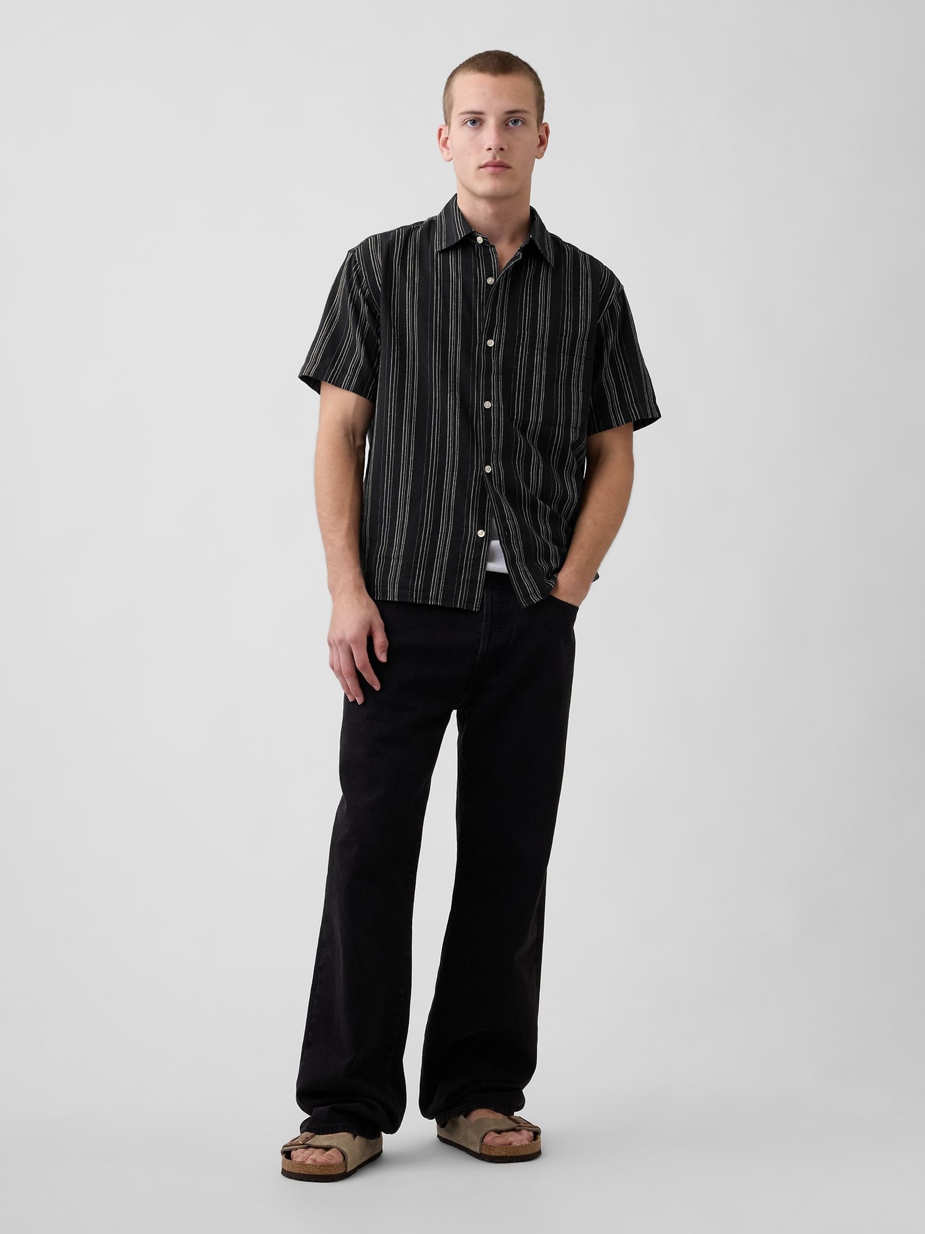 Black Stripe Textured Linen-Cotton Shirt - Image 3 of 4