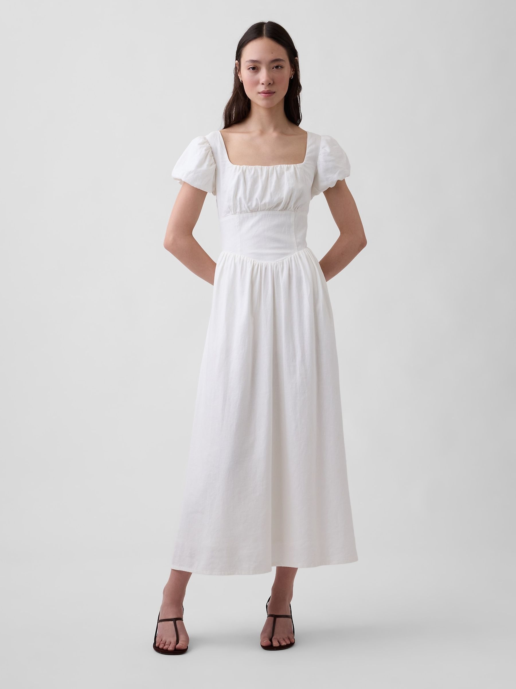 White Linen-Blend Drop-Waist Maxi Dress - Image 1 of 4 White Linen-Blend Drop-Waist Maxi Dress - Image 1 of 4