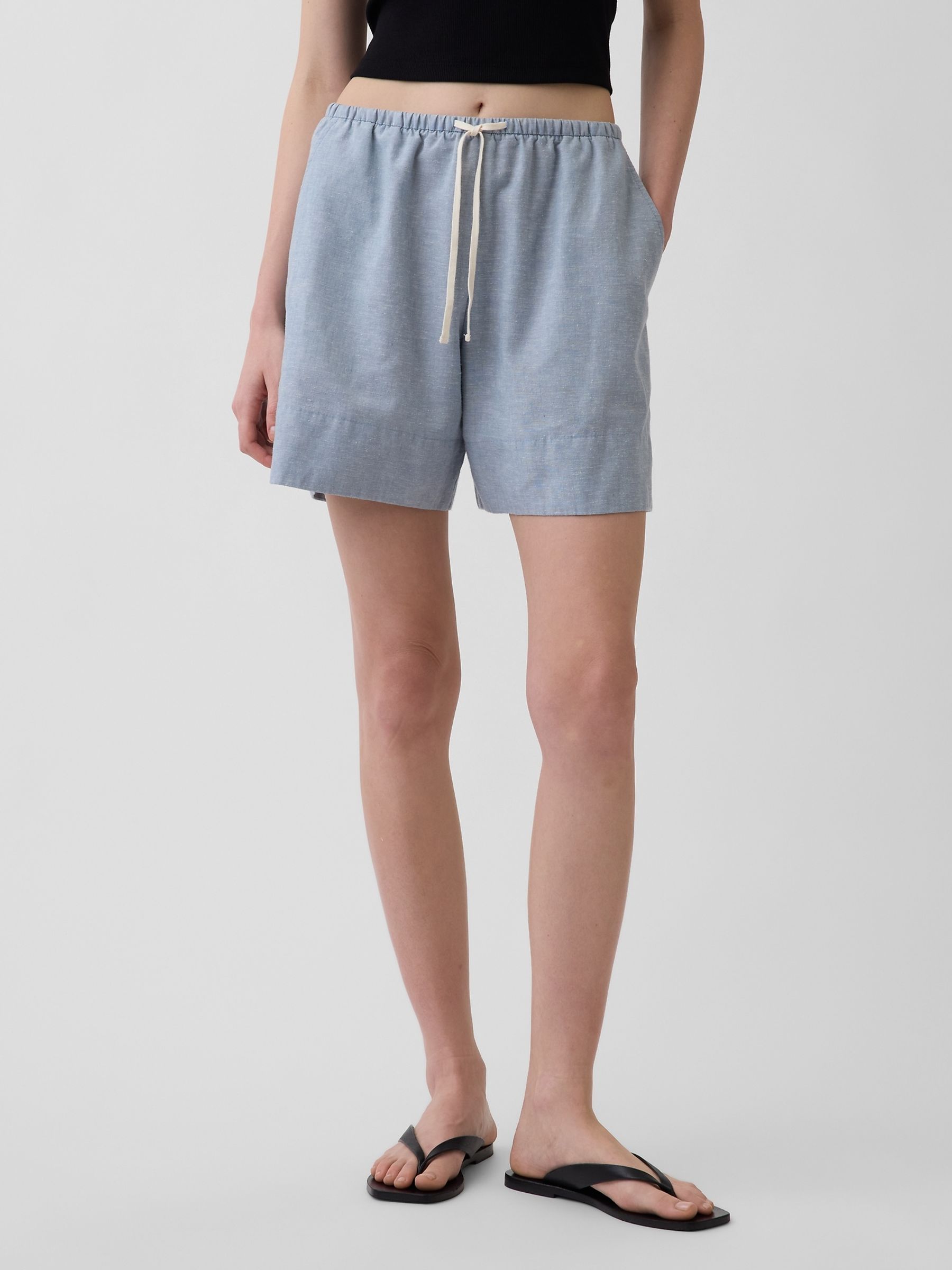 Blue Linen-Blend Easy Shorts - Image 1 of 4 Blue Linen-Blend Easy Shorts - Image 1 of 4