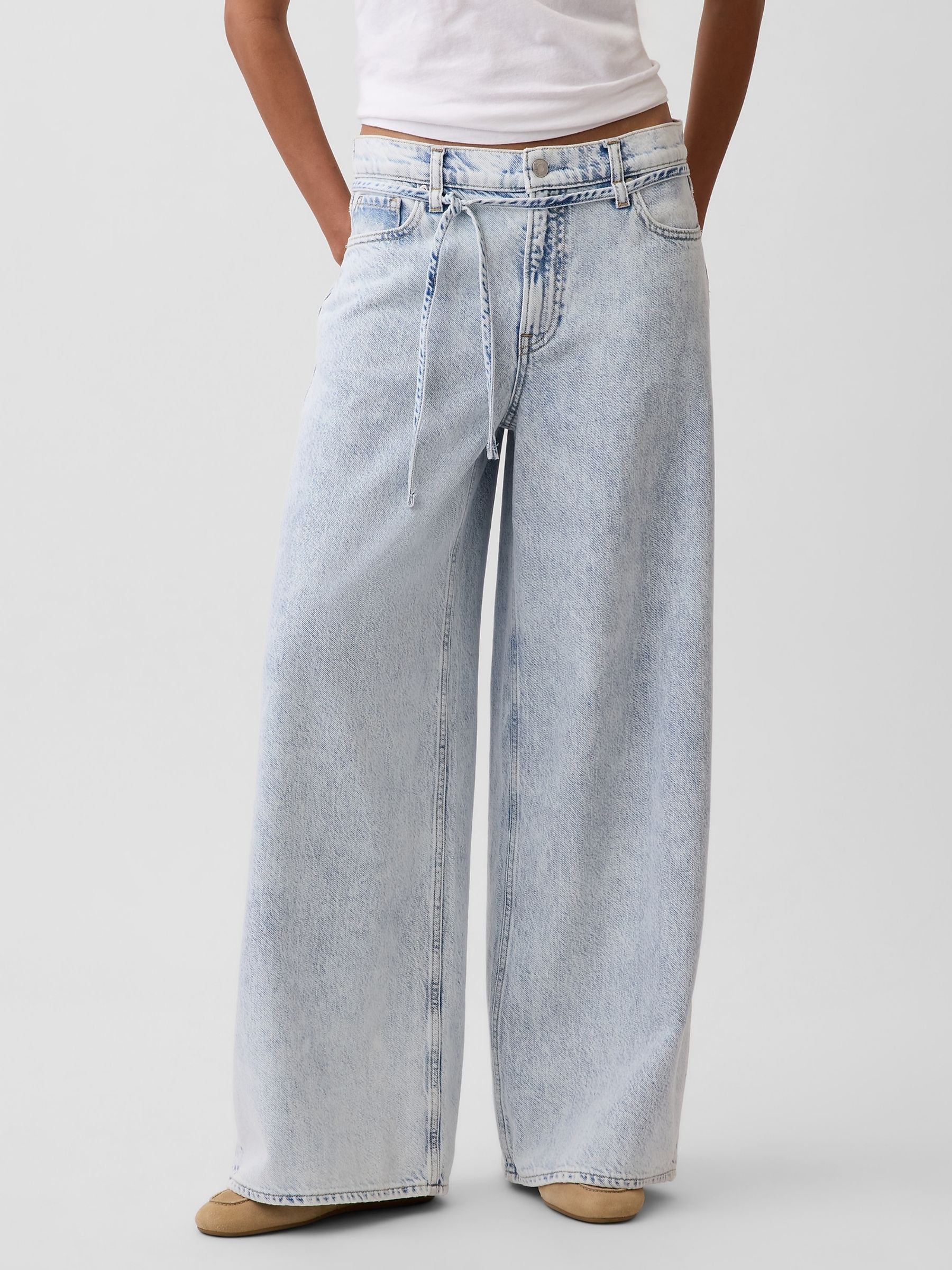 Light Wash Mid Rise UltraSoft Baggy Micro Belt Jeans - Image 1 of 4