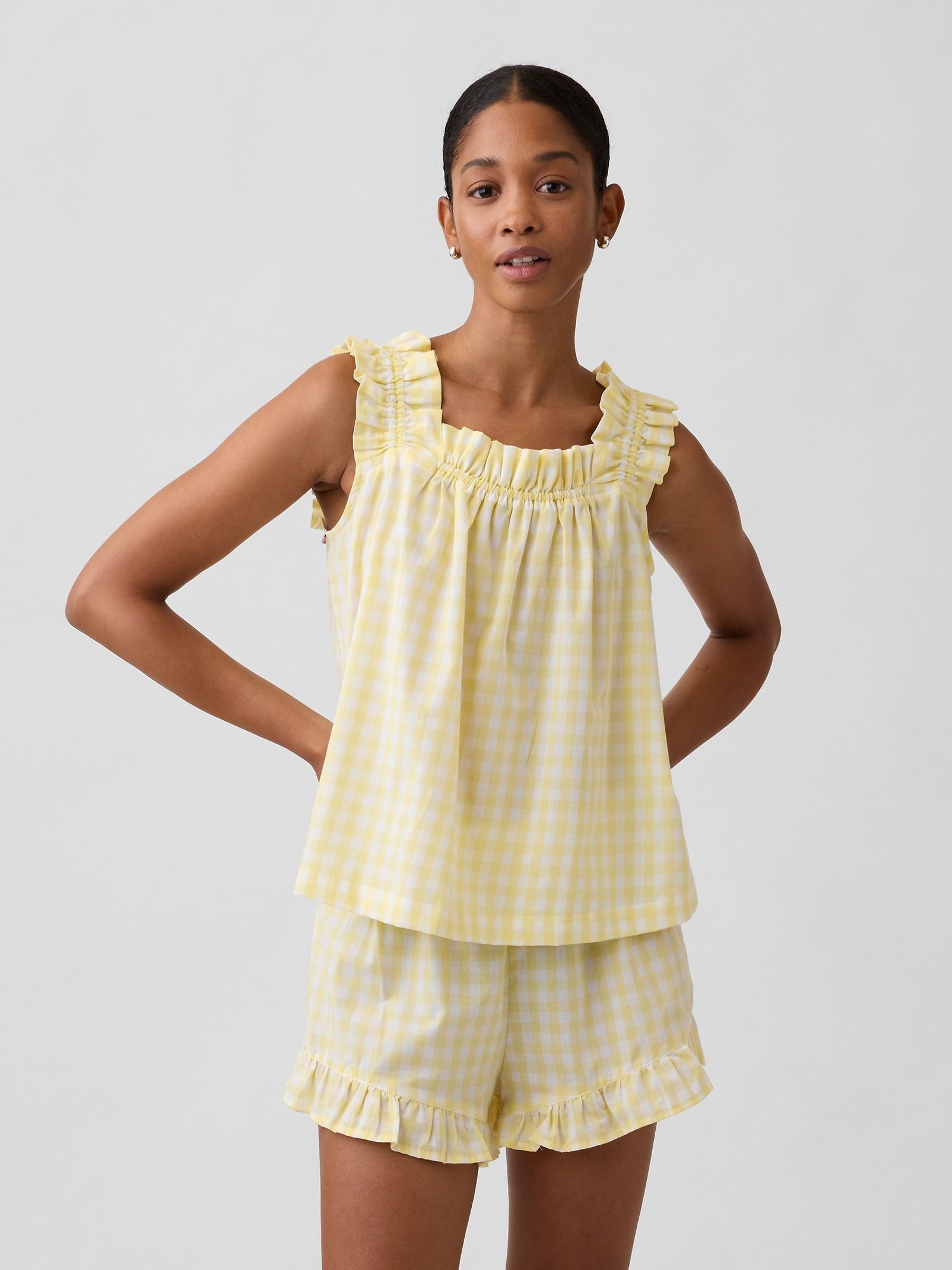 Yellow Gingham Ruffle Poplin Pyjama Top - Image 1 of 5
