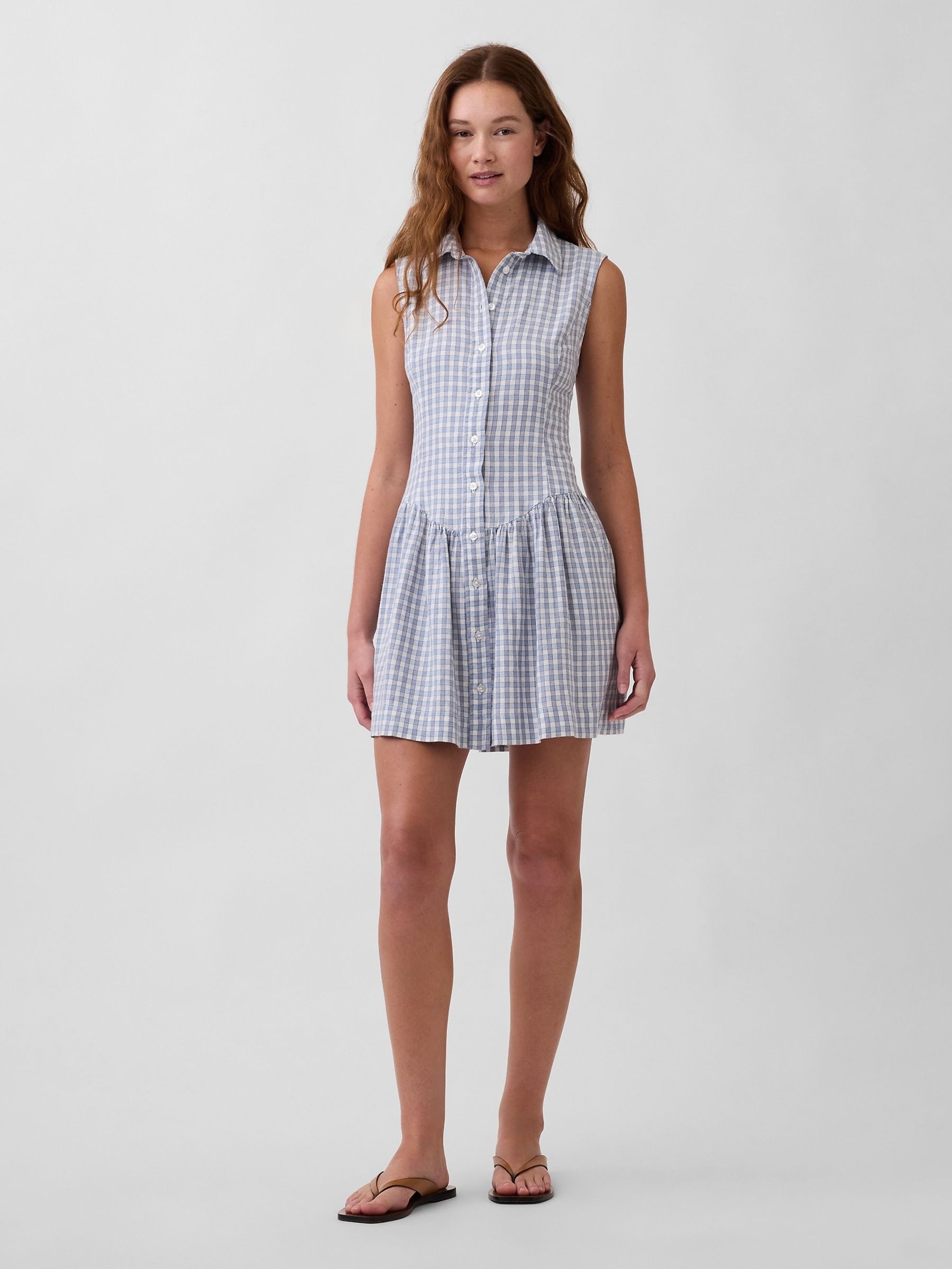Blue Linen-Blend Drop-Waist Mini Shirt dress - Image 1 of 4