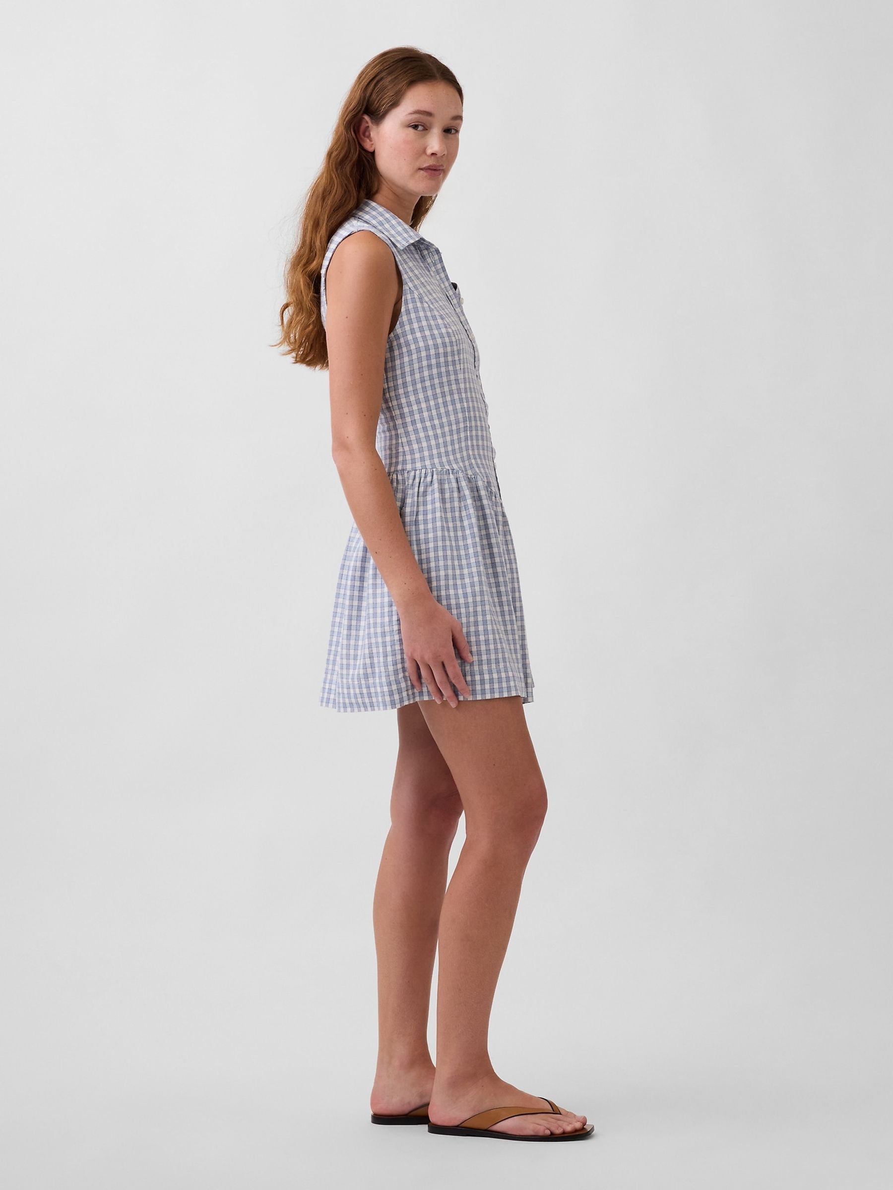 Blue Linen-Blend Drop-Waist Mini Shirt dress - Image 3 of 4