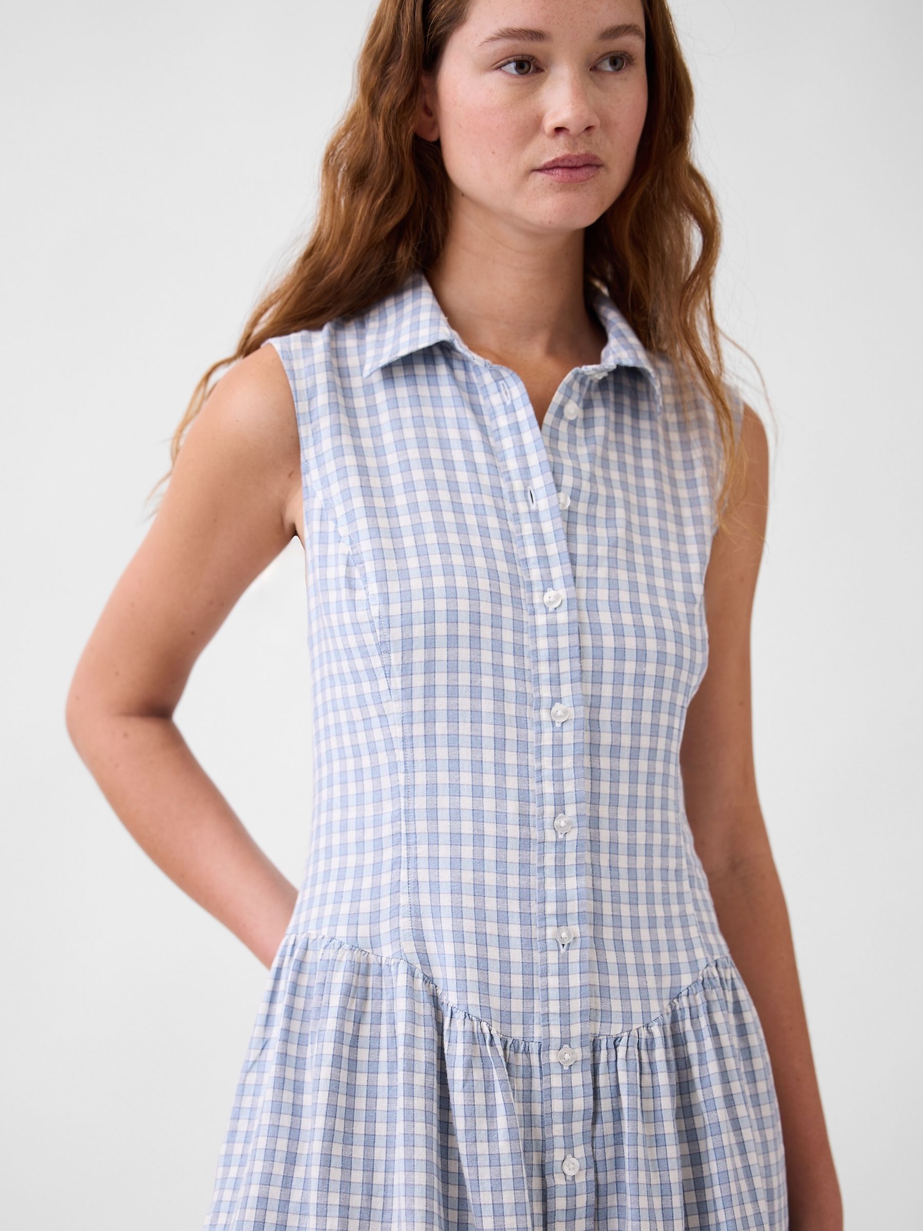 Blue Linen-Blend Drop-Waist Mini Shirt dress - Image 4 of 4