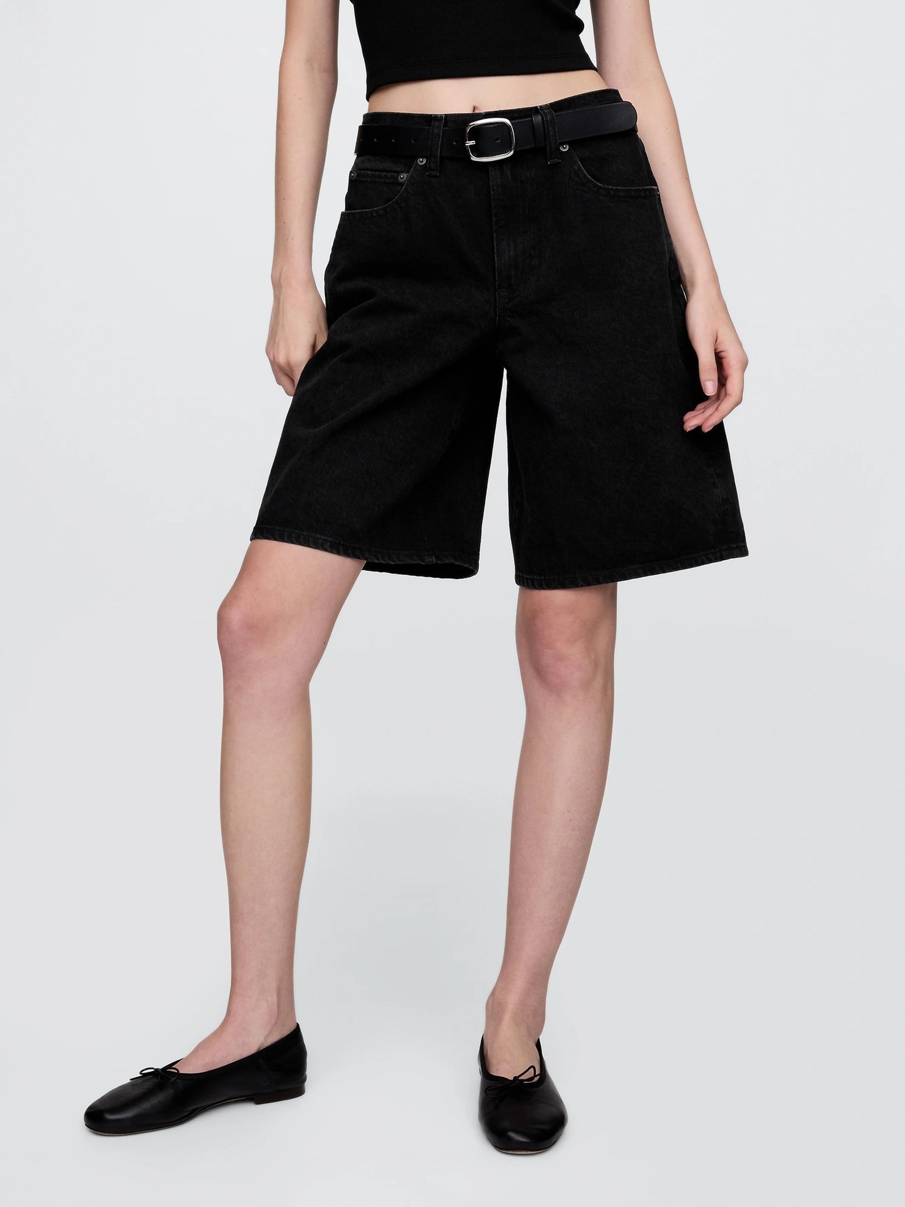 Black 11inch Mid Rise Longline Denim Shorts - Image 1 of 7