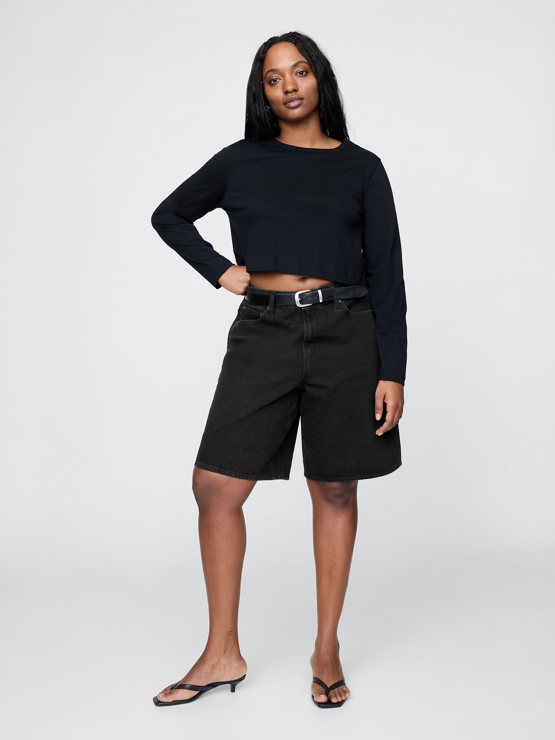 Black 11inch Mid Rise Longline Denim Shorts - Image 5 of 7