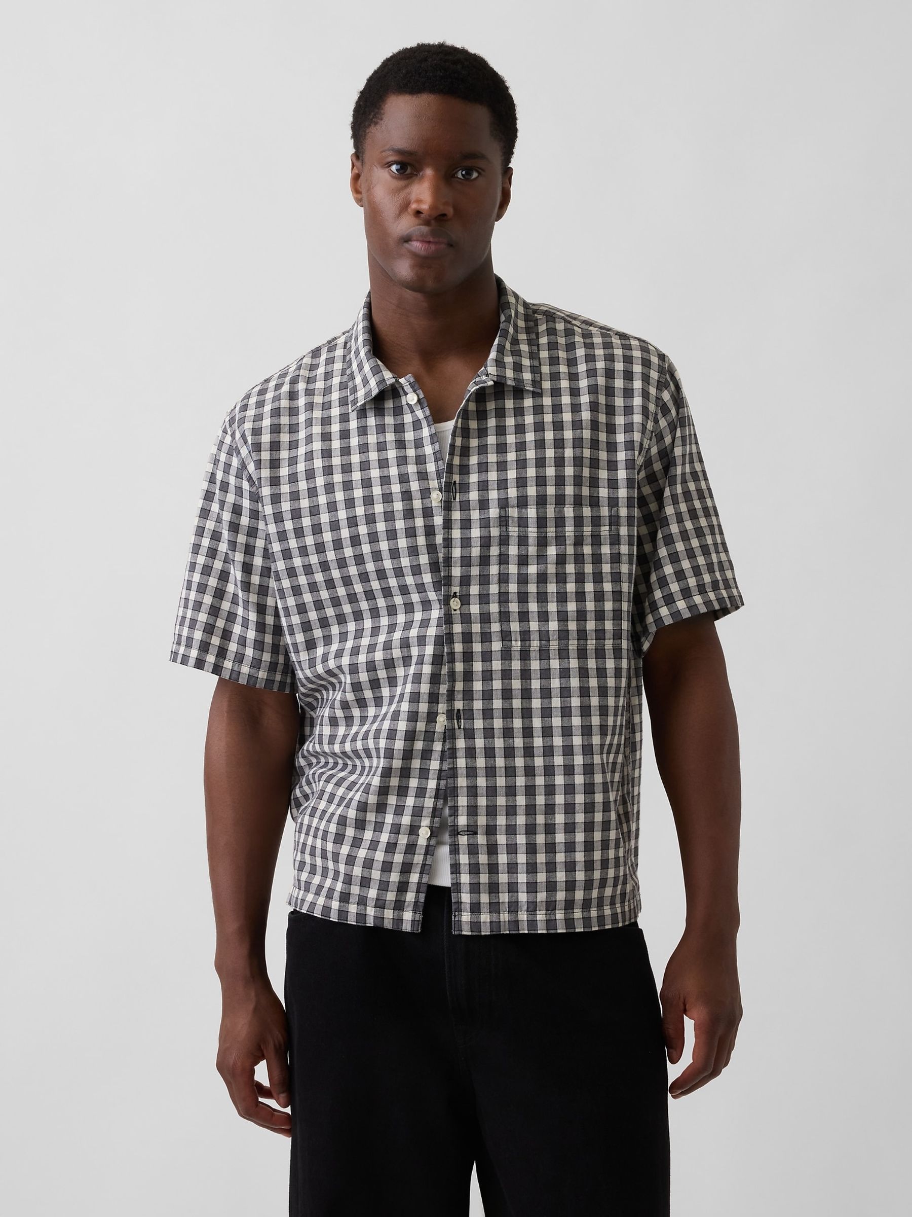 Black Check Linen-Cotton Relaxed Straight-Hem Shirt - Image 1 of 4 Black Check Linen-Cotton Relaxed Straight-Hem Shirt - Image 1 of 4