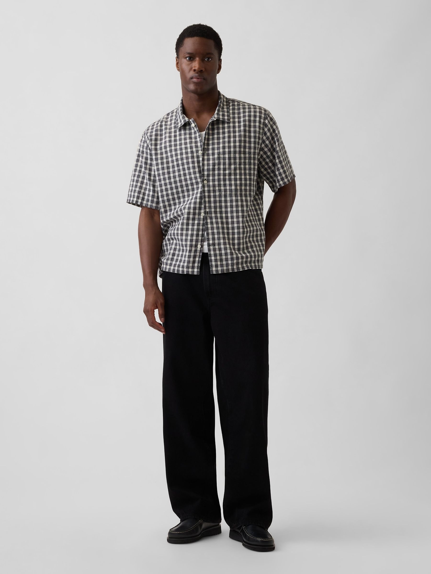 Black Check Linen-Cotton Relaxed Straight-Hem Shirt - Image 3 of 4