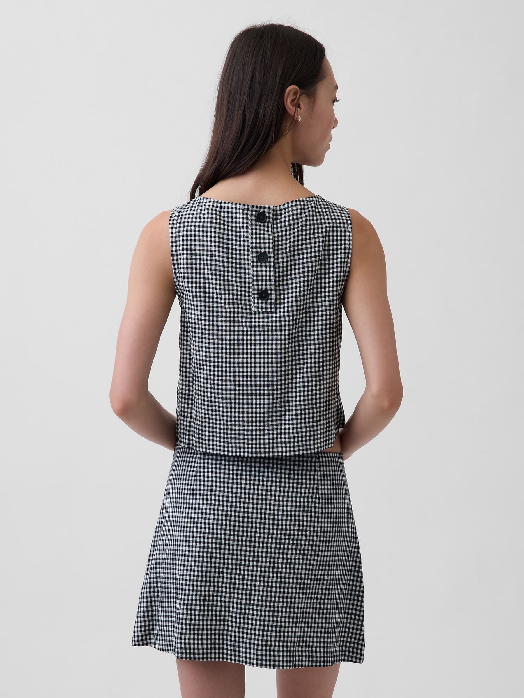 Black Gingham Linen-Blend Crop Shell Vest - Image 2 of 4