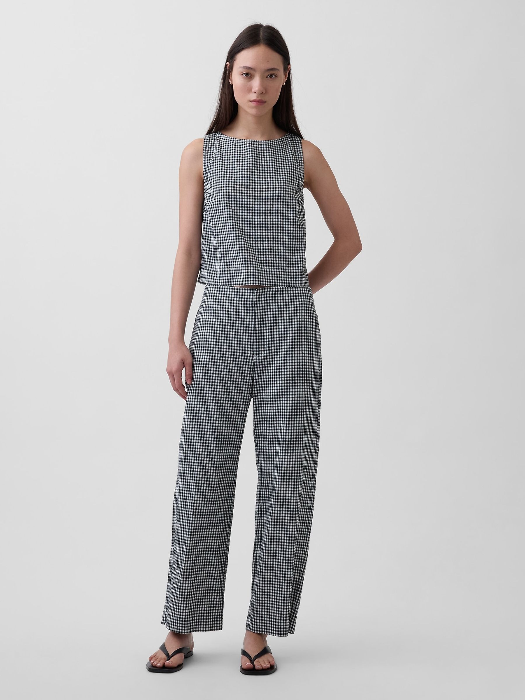 Black Gingham Linen-Blend Crop Shell Vest - Image 3 of 4