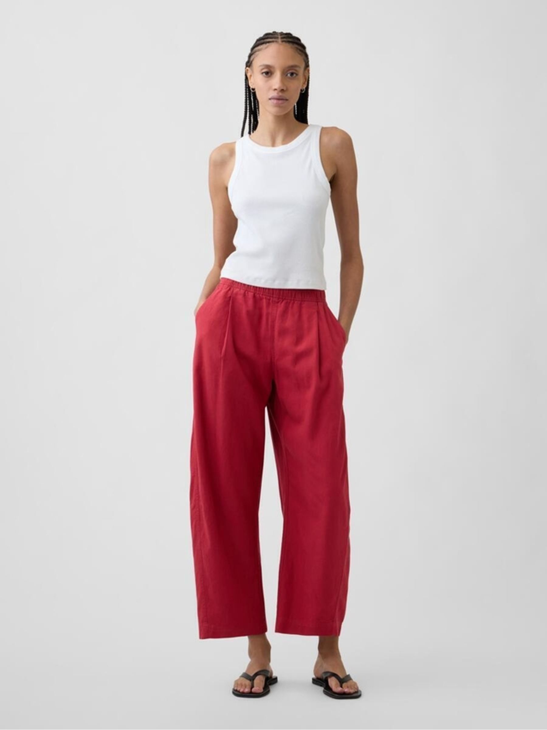 Red Mid Rise Linen-Blend Easy Barrel Trousers - Image 1 of 6