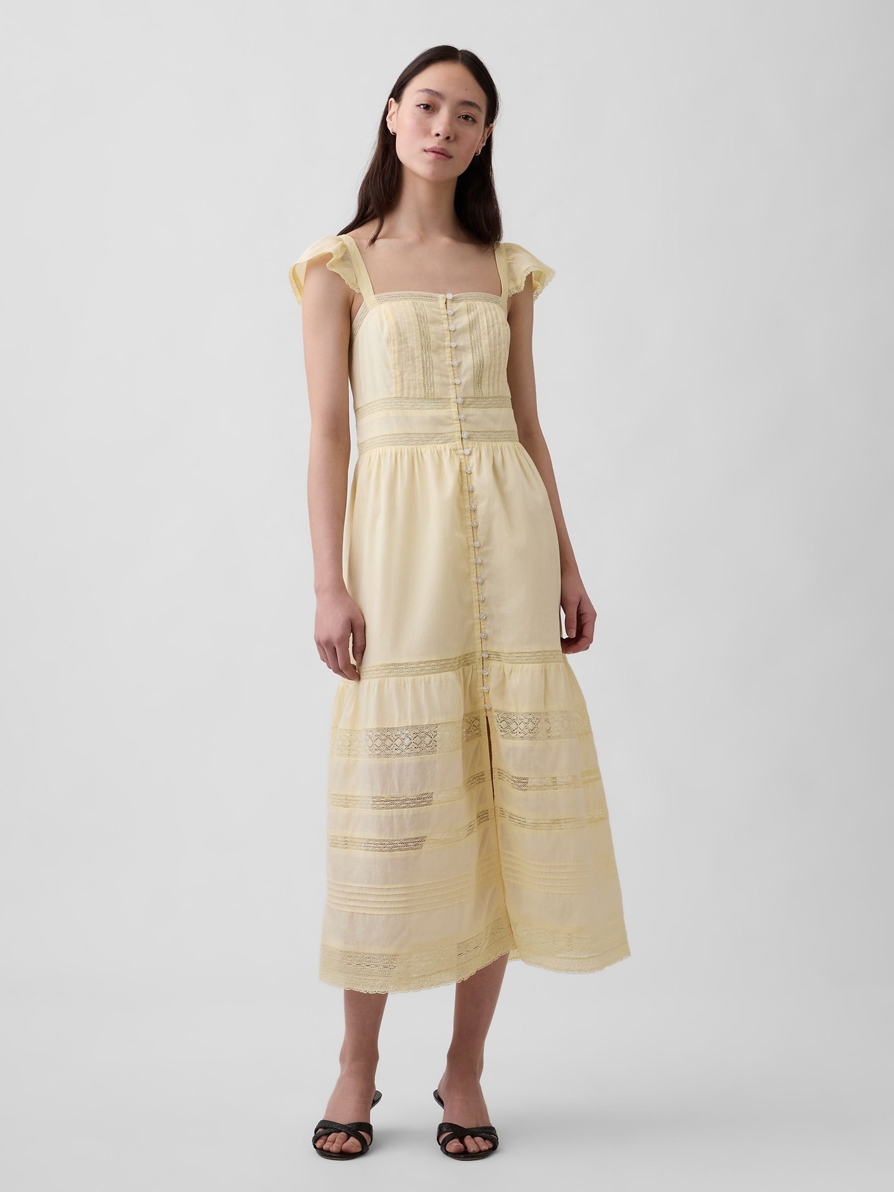 Yellow Lace Ruffle Voile Maxi Dress - Image 1 of 4