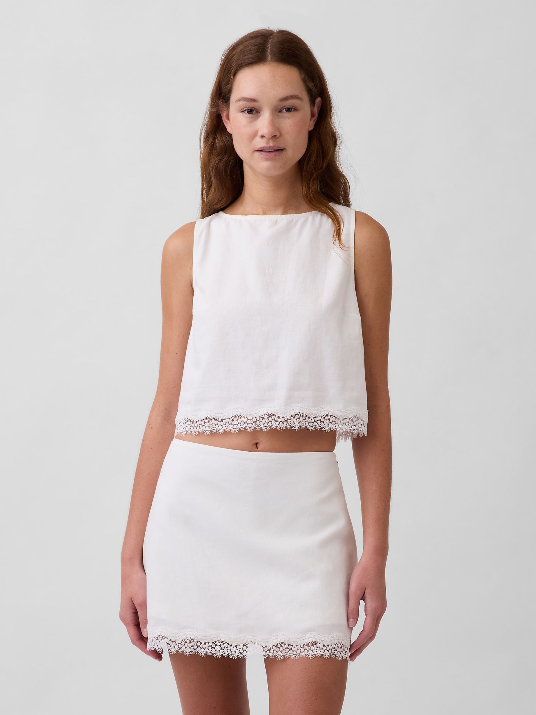 White Linen-Blend Lace-Hem Crop Shell Top - Image 1 of 4 White Linen-Blend Lace-Hem Crop Shell Top - Image 1 of 4