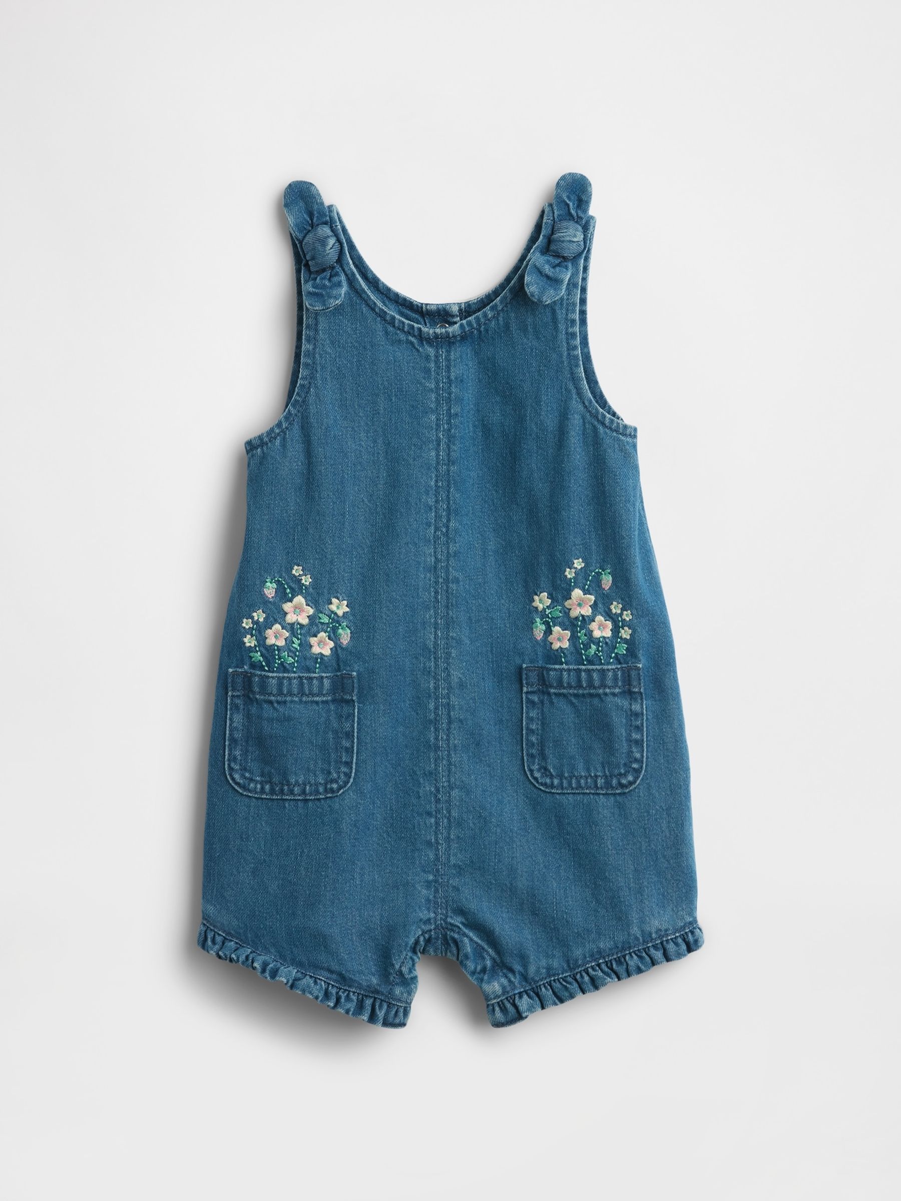 Medium Wash Embroidered Floral Denim One-Piece - Image 1 of 4