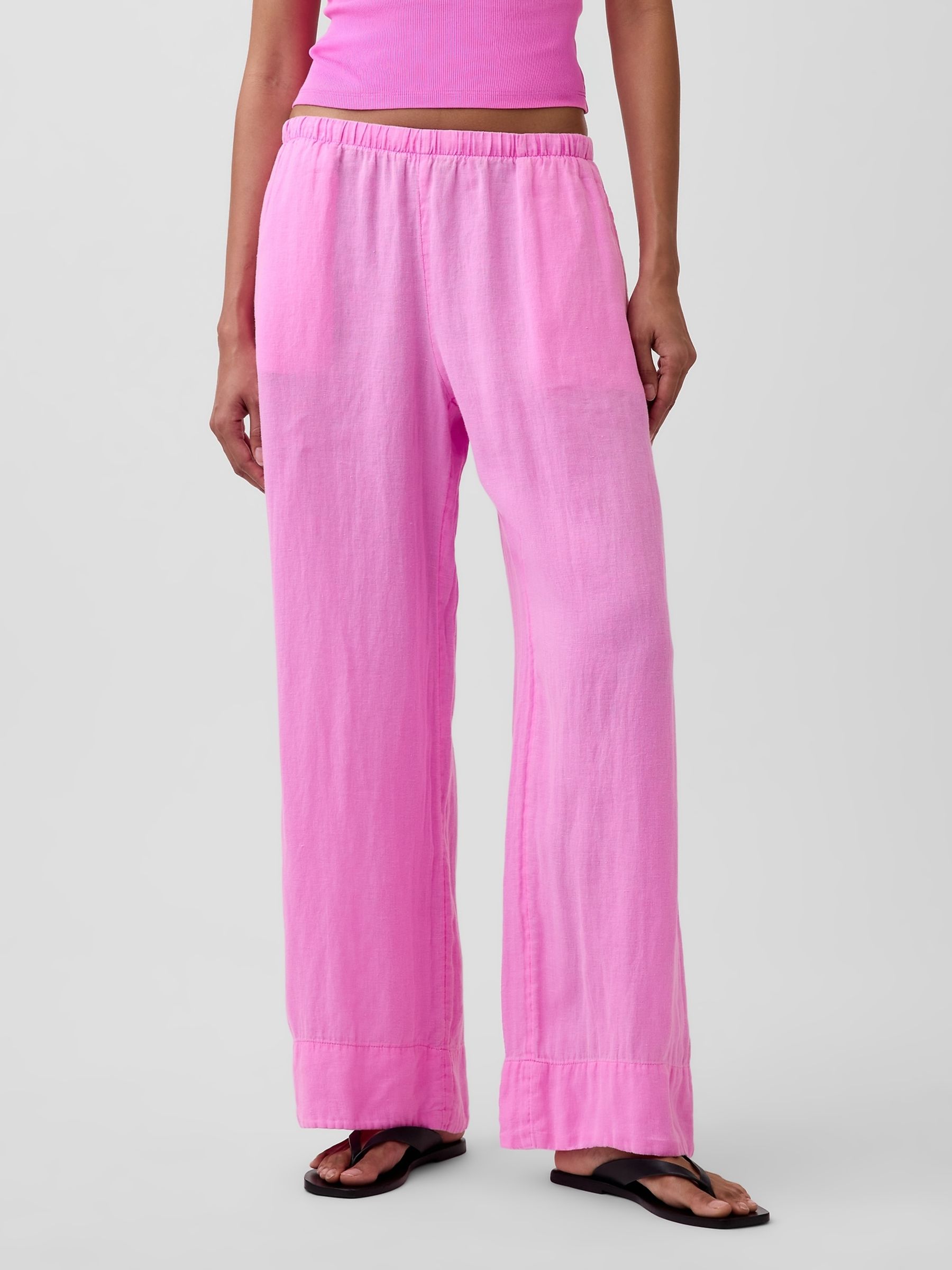 Pink Linen-Blend Relaxed Wide-Leg Trousers - Image 1 of 4 Pink Linen-Blend Relaxed Wide-Leg Trousers - Image 1 of 4