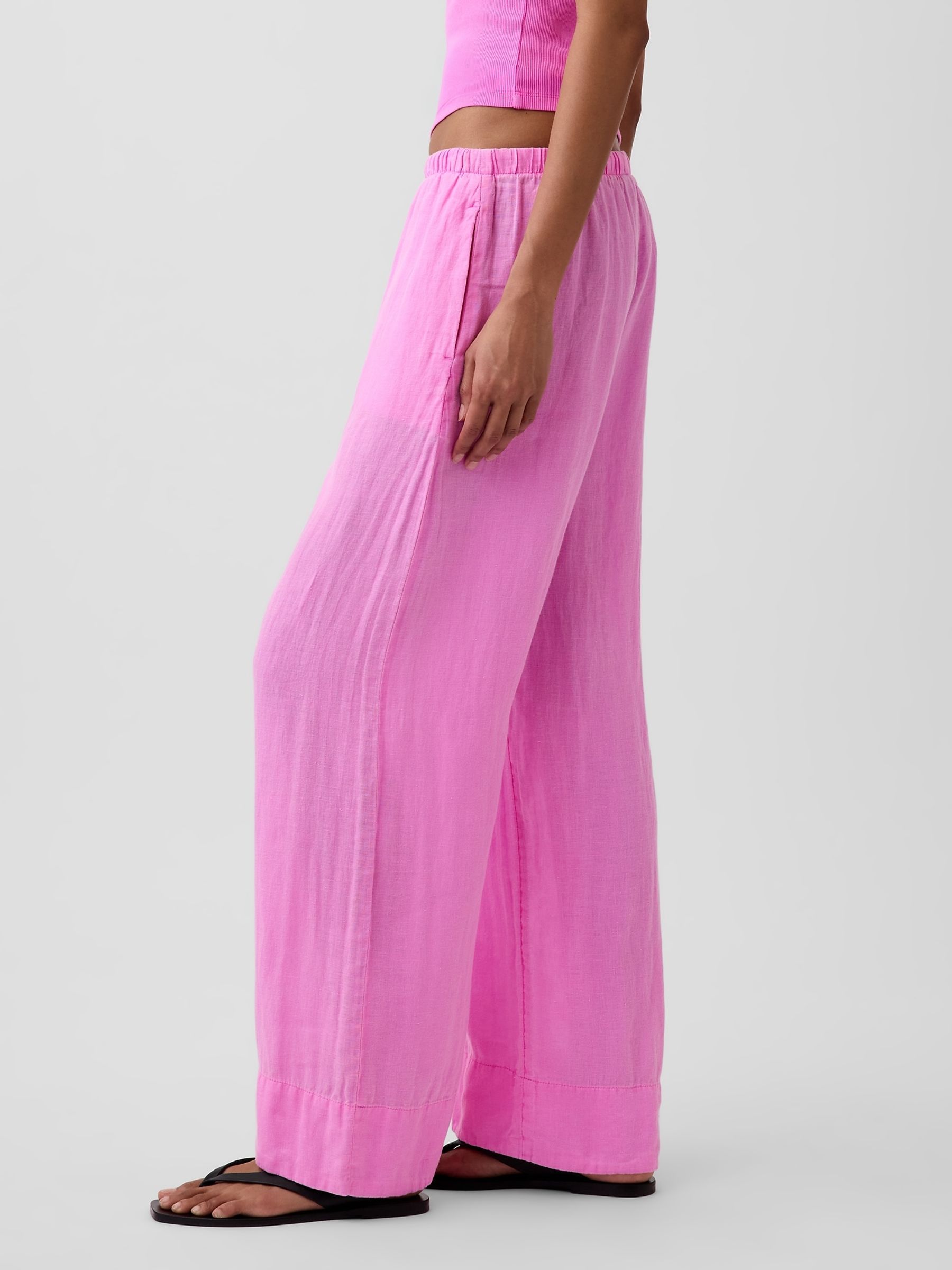 Pink Linen-Blend Relaxed Wide-Leg Trousers - Image 3 of 4