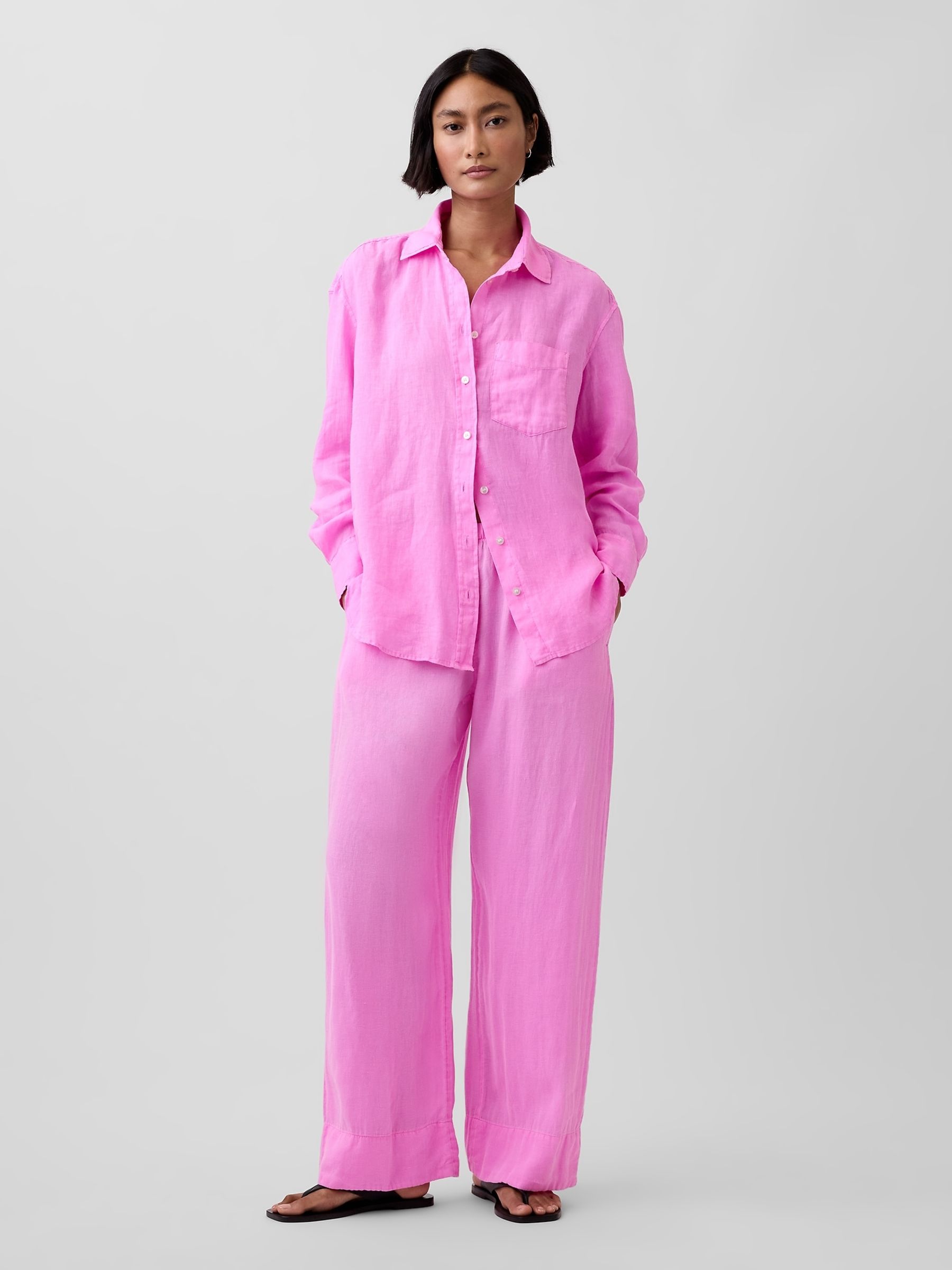 Pink Linen-Blend Relaxed Wide-Leg Trousers - Image 4 of 4 Pink Linen-Blend Relaxed Wide-Leg Trousers - Image 4 of 4