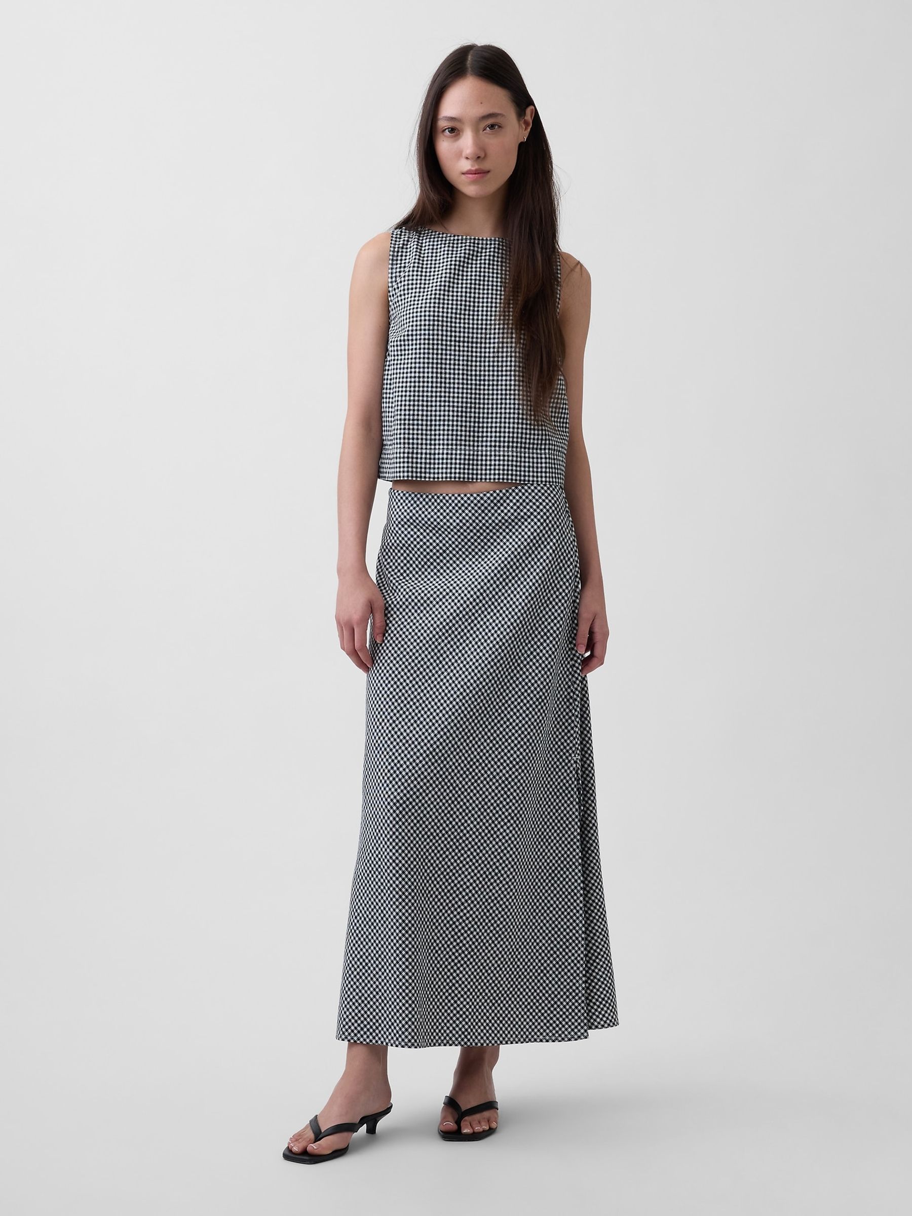Black Gingham Linen-Blend Maxi Slip Skirt - Image 1 of 4