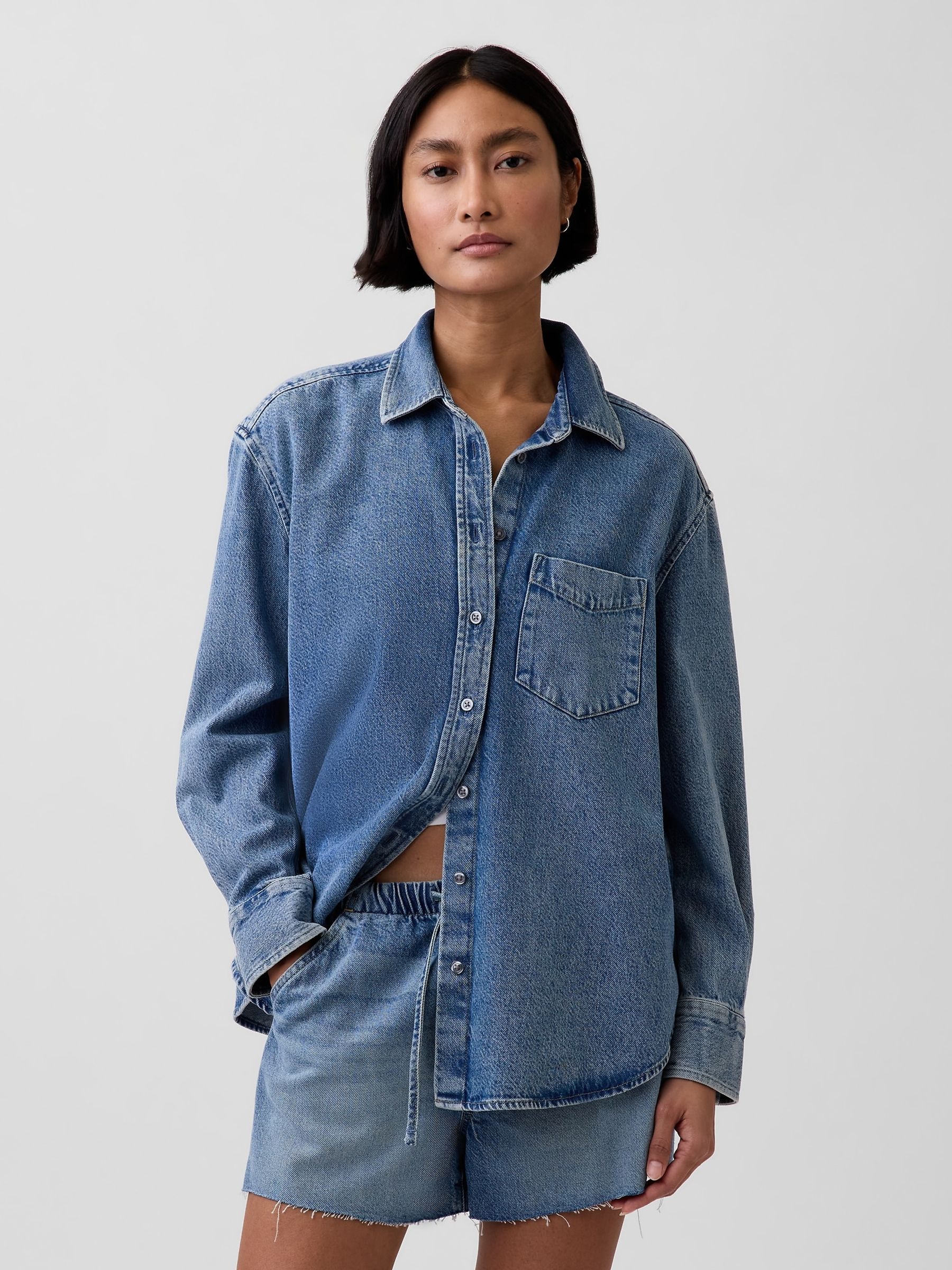 Medium wash UltraSoft Denim Oversized Shirt - Image 1 of 4