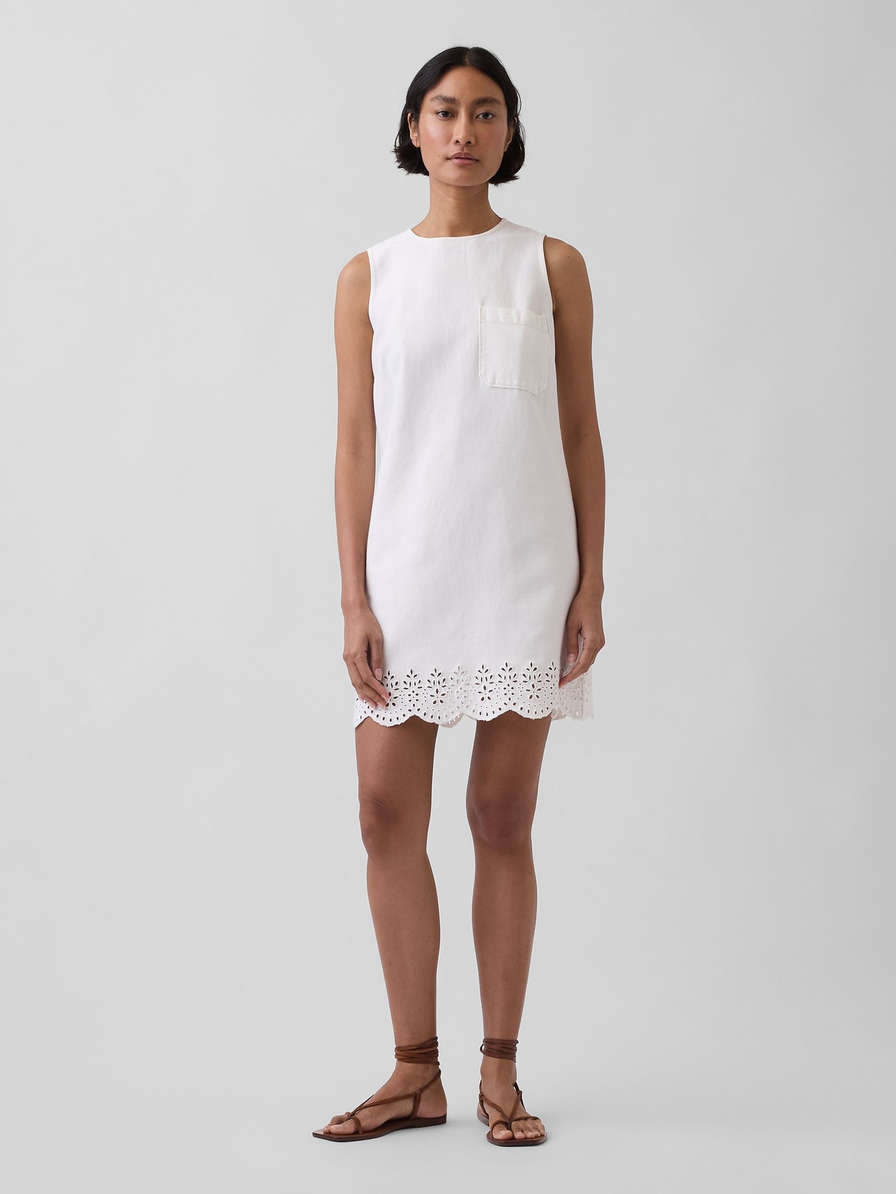 White Eyelet Hem Mini Shift Dress - Image 1 of 4