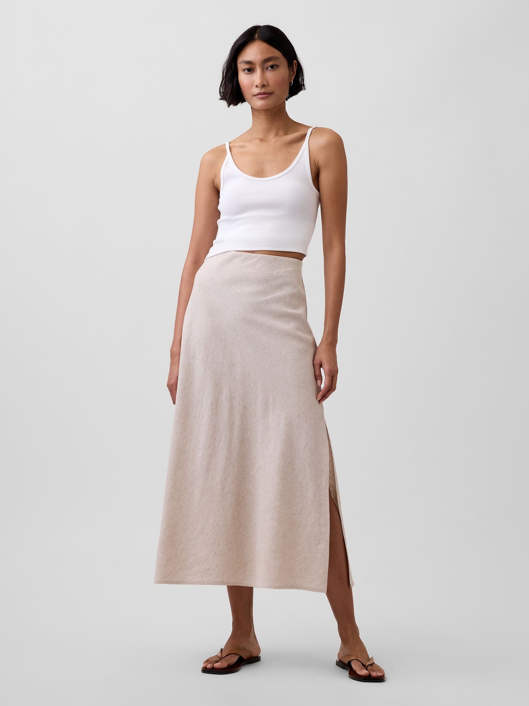 Beige Linen-Blend Maxi Slip Skirt - Image 1 of 4 Beige Linen-Blend Maxi Slip Skirt - Image 1 of 4
