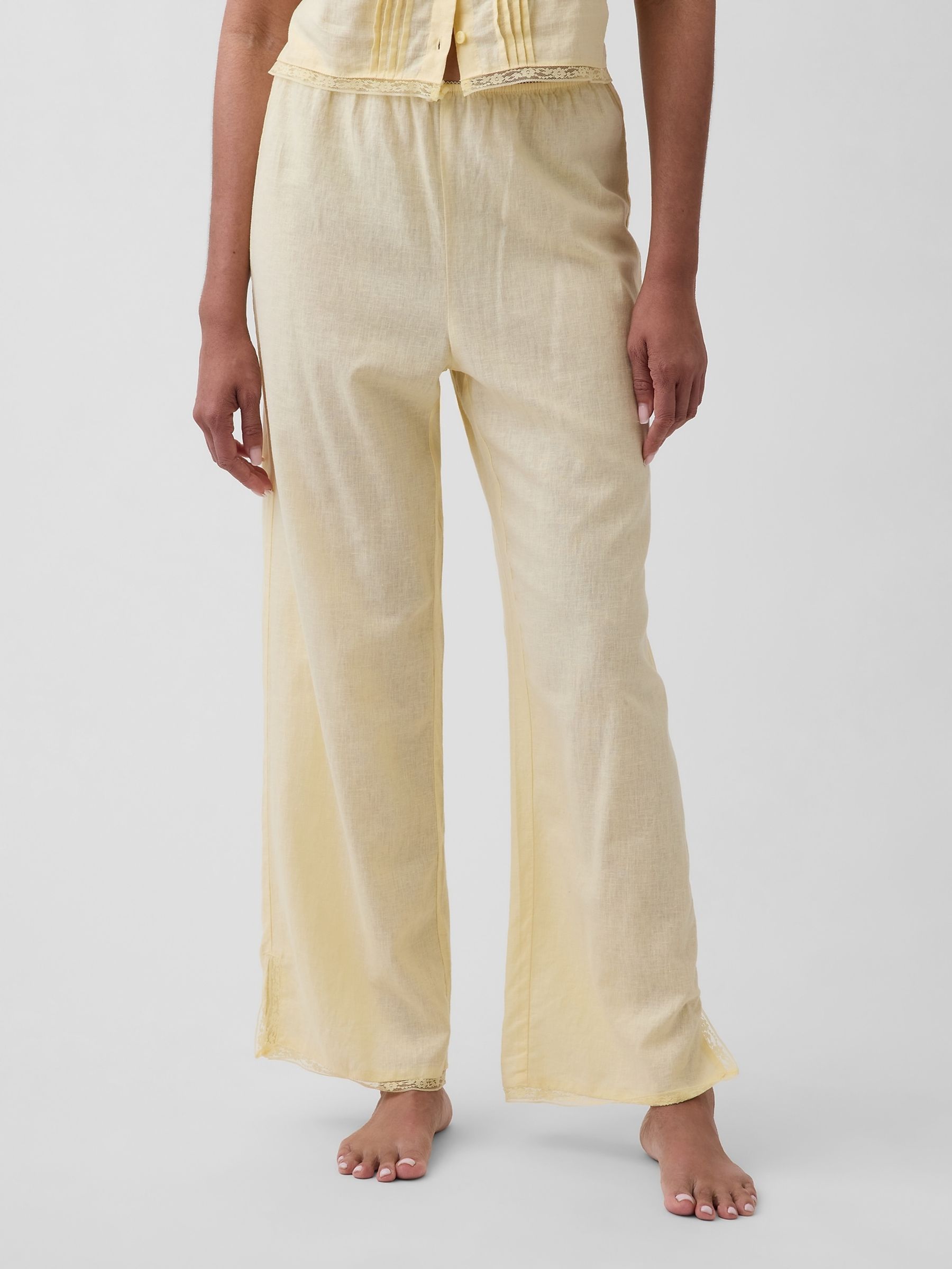 Yellow Linen-Blend Lace-Hem Pyjama Bottoms - Image 1 of 5