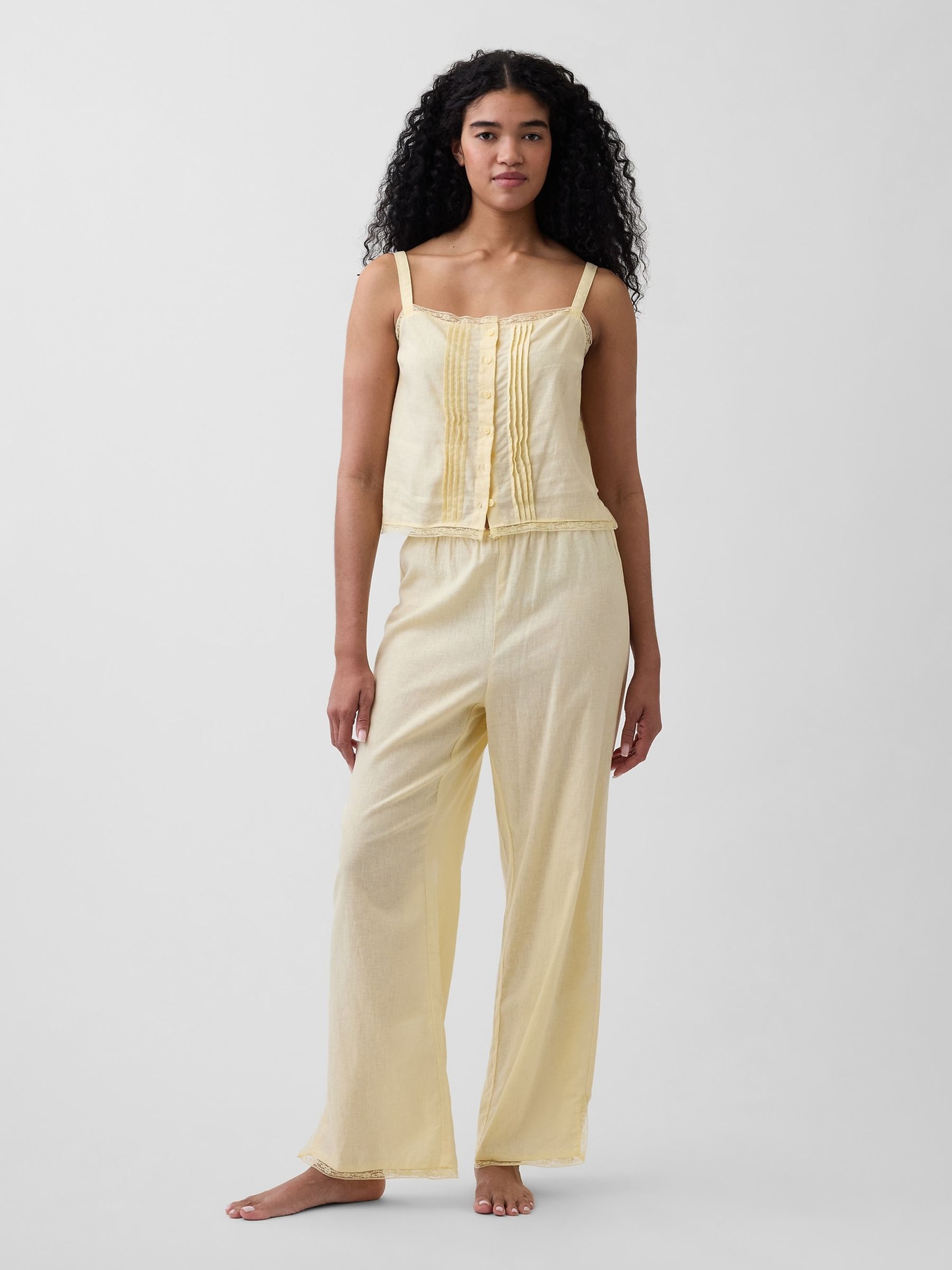 Yellow Linen-Blend Lace-Hem Pyjama Bottoms - Image 3 of 5