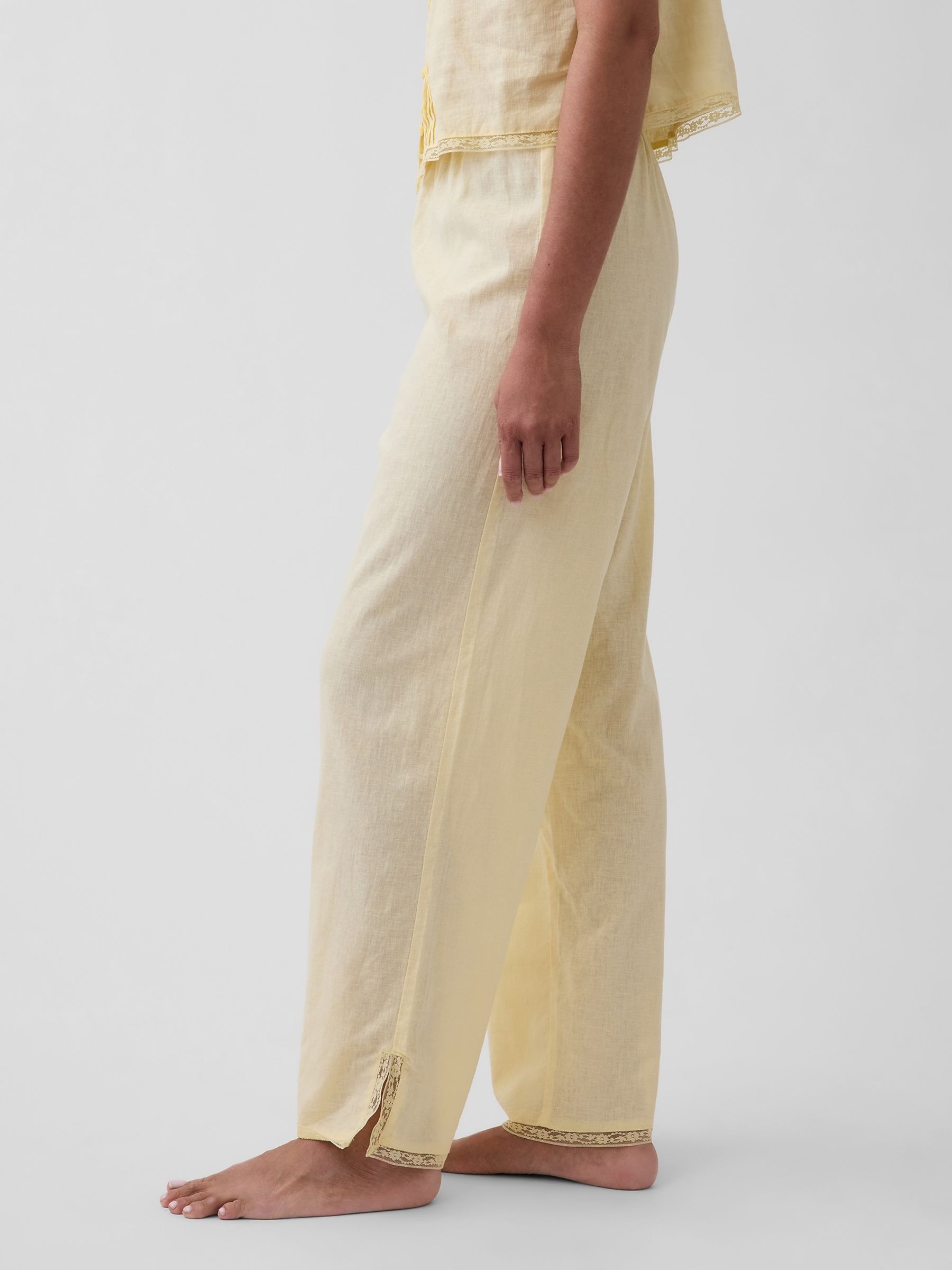 Yellow Linen-Blend Lace-Hem Pyjama Bottoms - Image 4 of 5