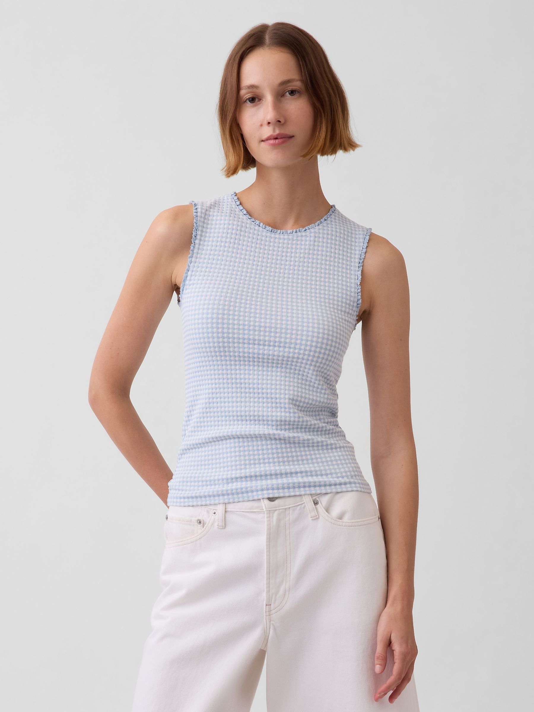 Blue Gingham Pointelle Shell Vest - Image 1 of 4