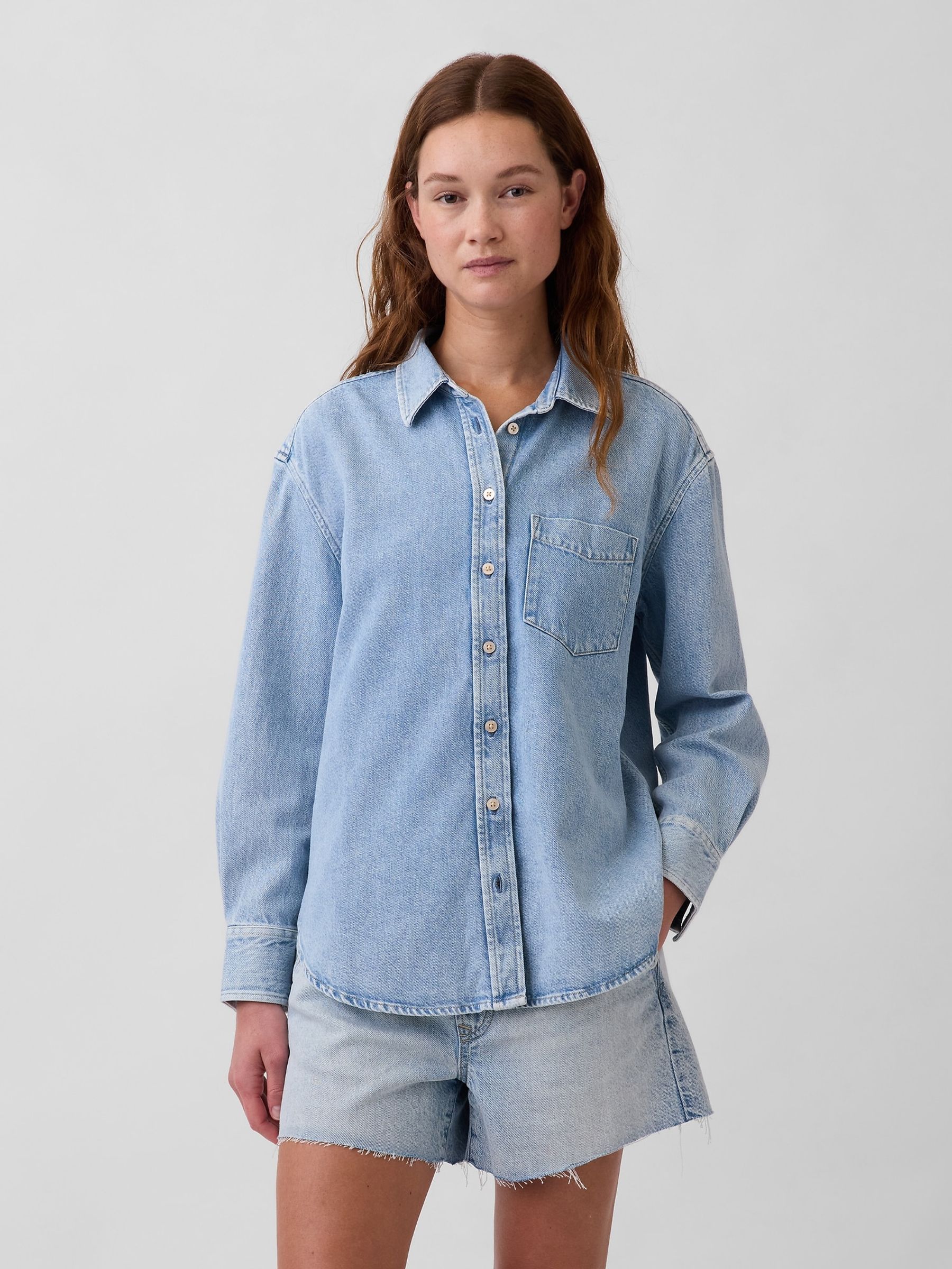 Light Wash UltraSoft Denim Oversized Shirt - Image 1 of 4 Light Wash UltraSoft Denim Oversized Shirt - Image 1 of 4
