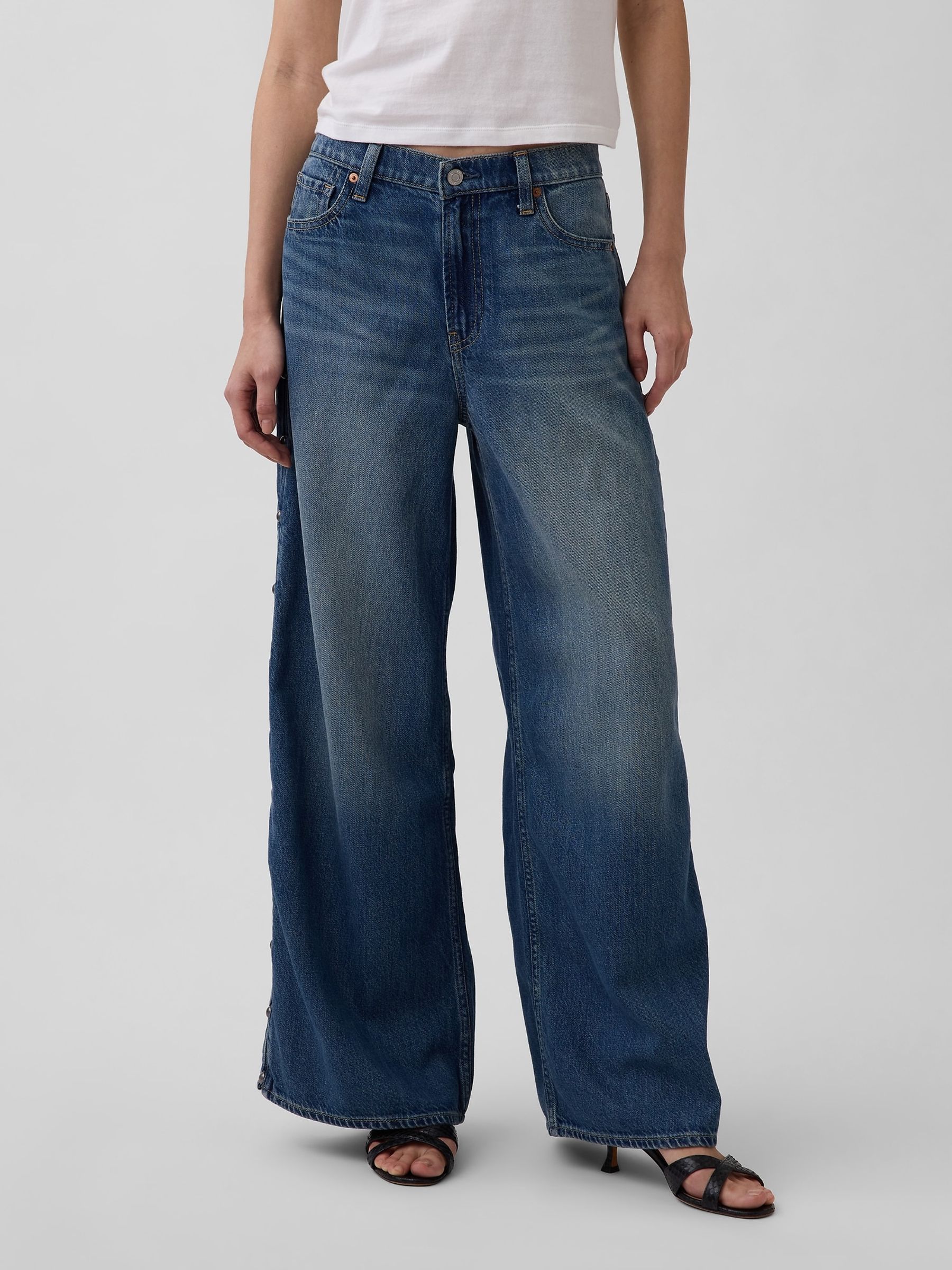 Medium wash Mid Rise UltraSoft Studded Baggy Jeans - Image 1 of 4