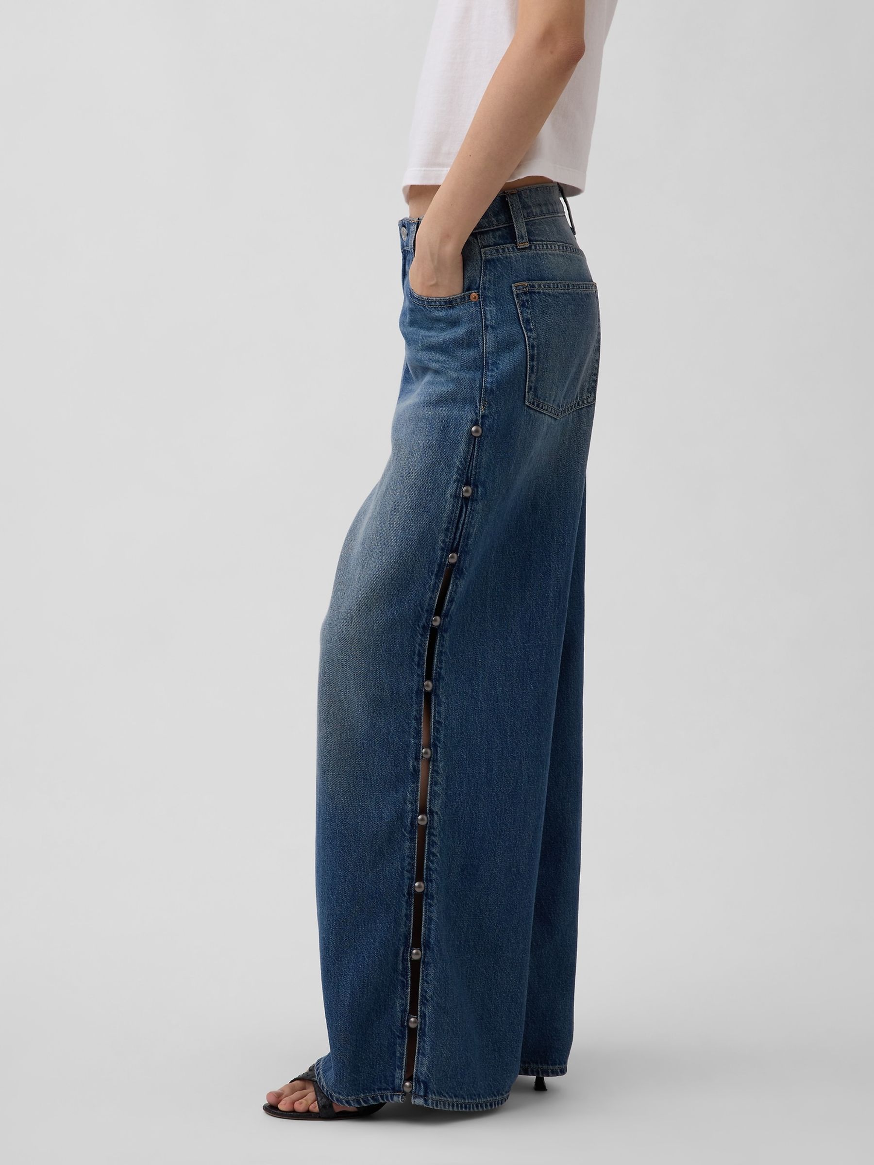 Medium wash Mid Rise UltraSoft Studded Baggy Jeans - Image 3 of 4