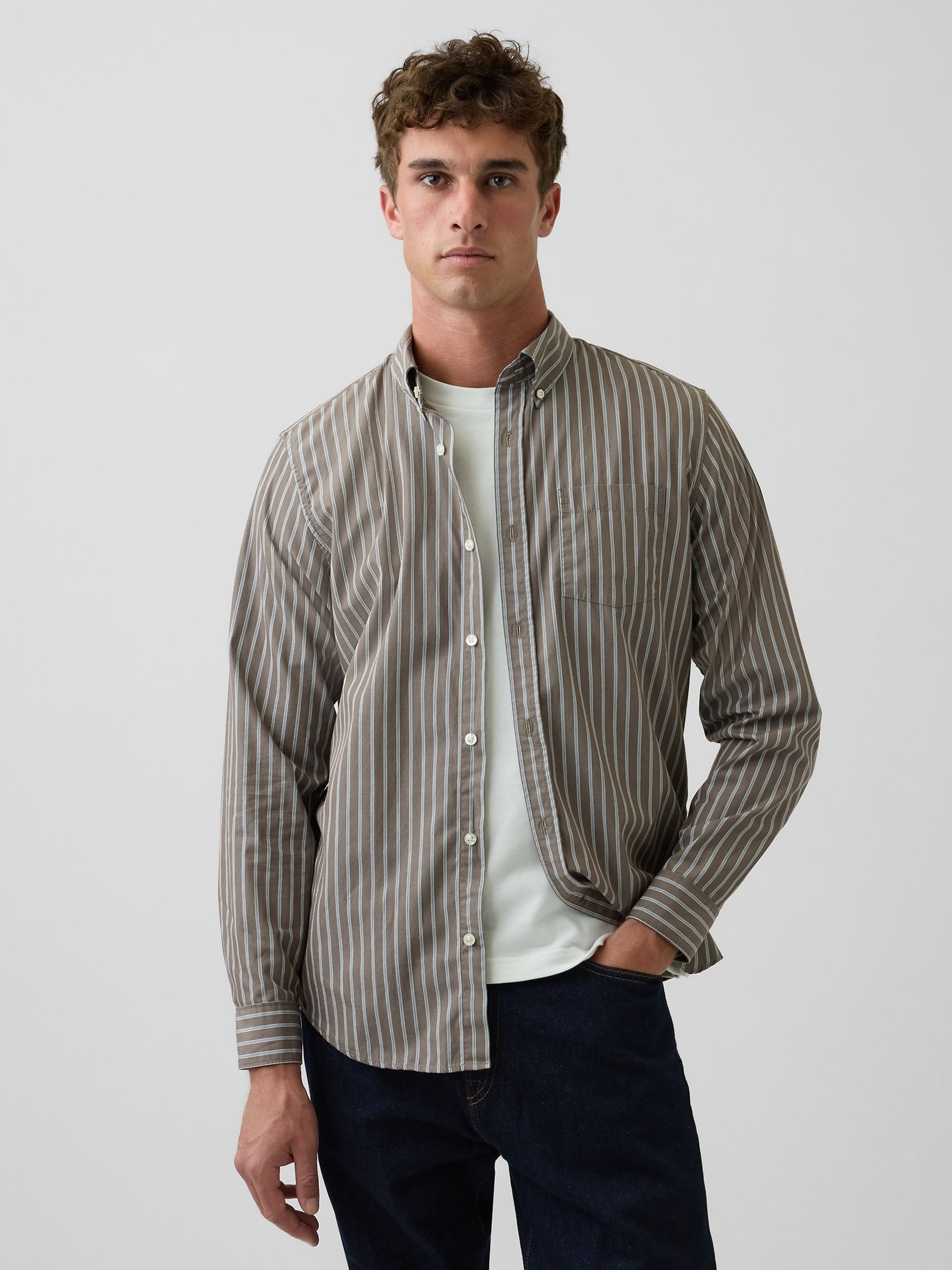 Brown stripe Cotton Poplin Classic Shirt - Image 1 of 3 Brown stripe Cotton Poplin Classic Shirt - Image 1 of 3
