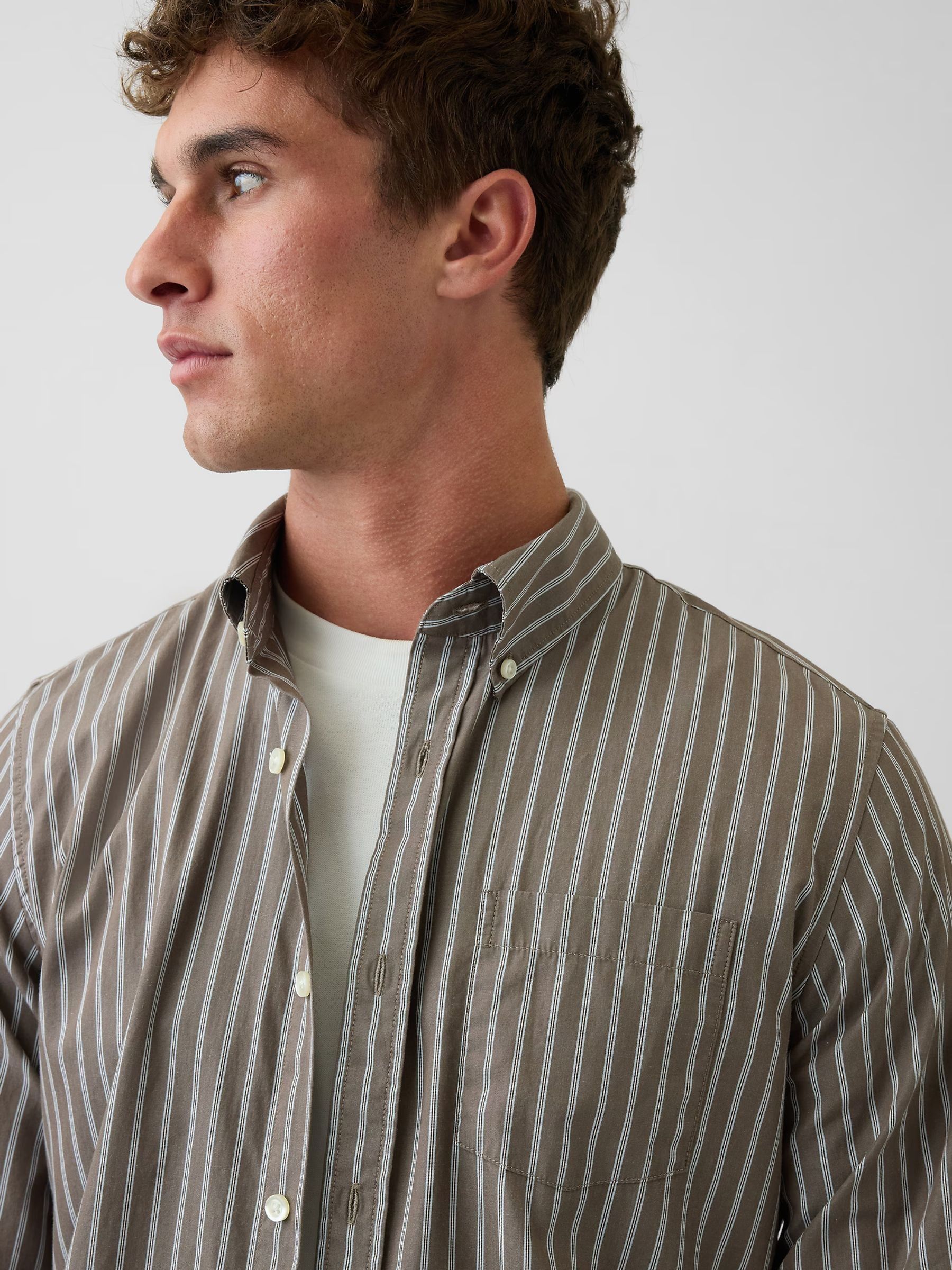 Brown stripe Cotton Poplin Classic Shirt - Image 2 of 3 Brown stripe Cotton Poplin Classic Shirt - Image 2 of 3