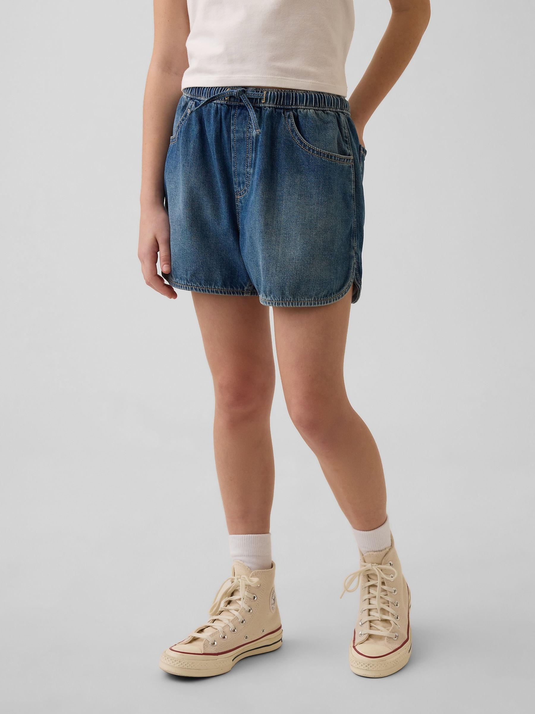 Medium wash High Waisted Denim Easy Dolphin Shorts - Image 1 of 6