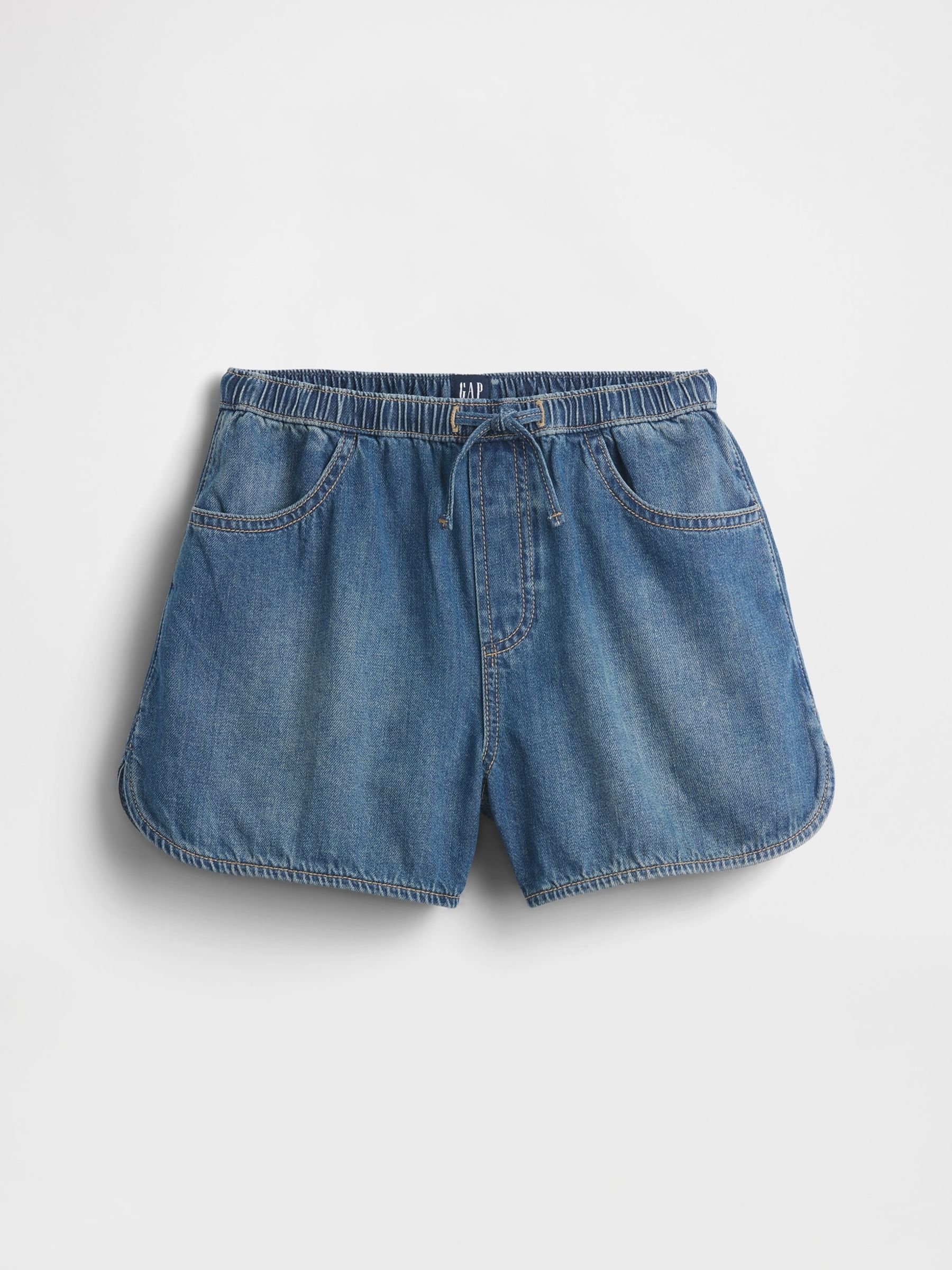 Medium wash High Waisted Denim Easy Dolphin Shorts - Image 4 of 6