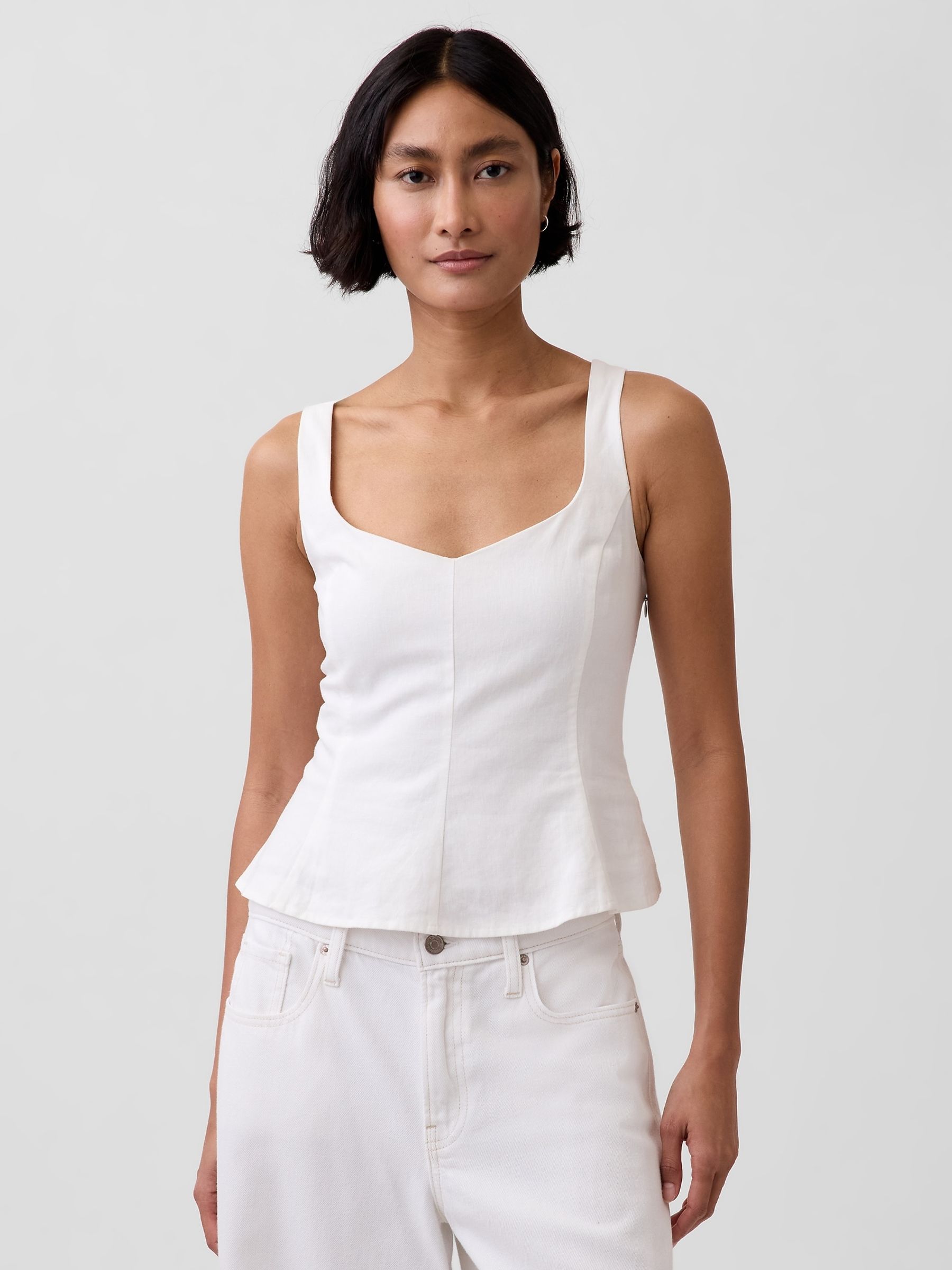 White Linen-Blend Peplum Top - Image 1 of 4