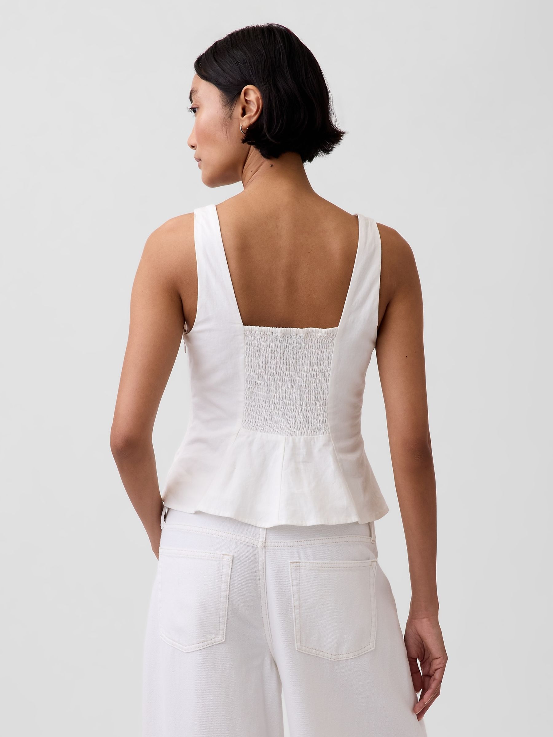 White Linen-Blend Peplum Top - Image 2 of 4