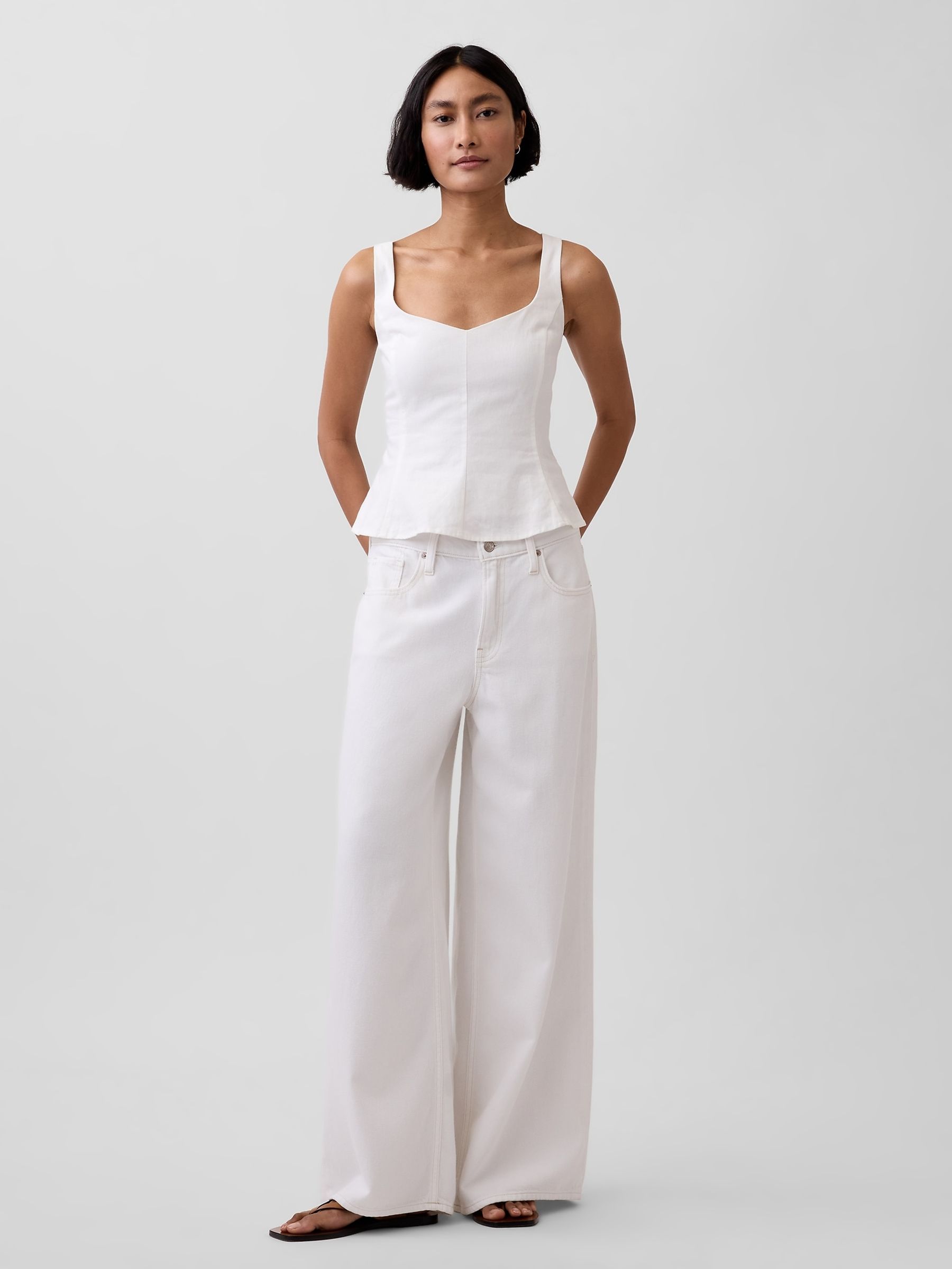 White Linen-Blend Peplum Top - Image 3 of 4