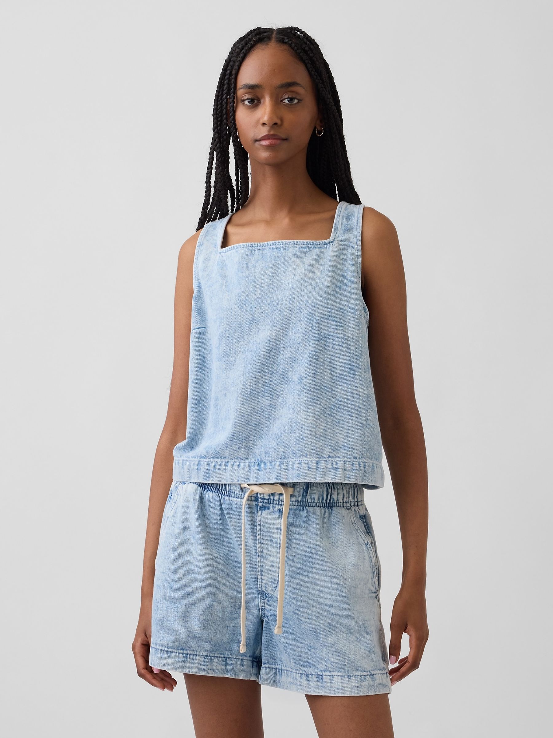 Light Wash Denim Crop Shell Vest - Image 1 of 4
