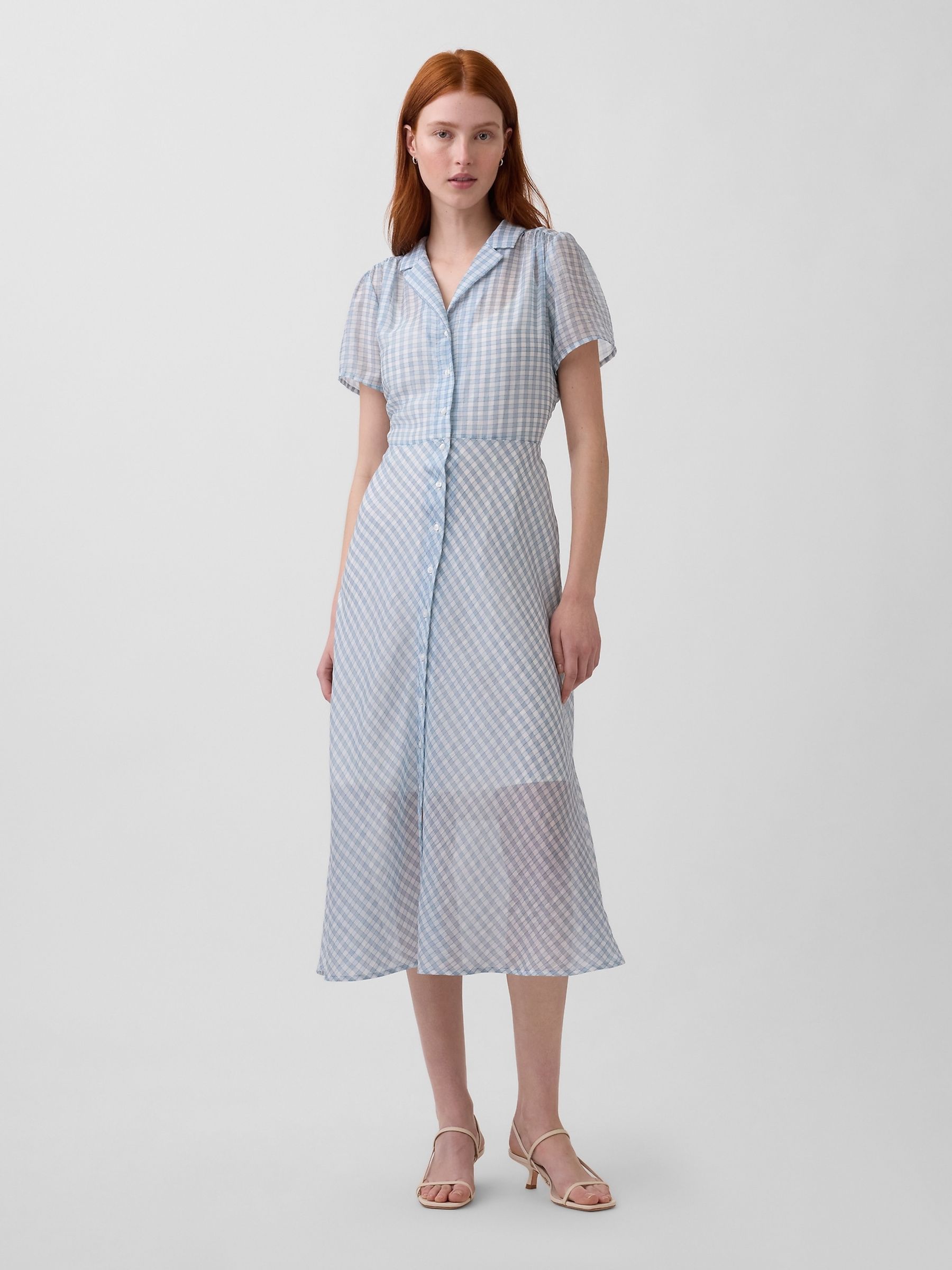 Blue Check Sheer Midi Shirt Dress - Image 1 of 4
