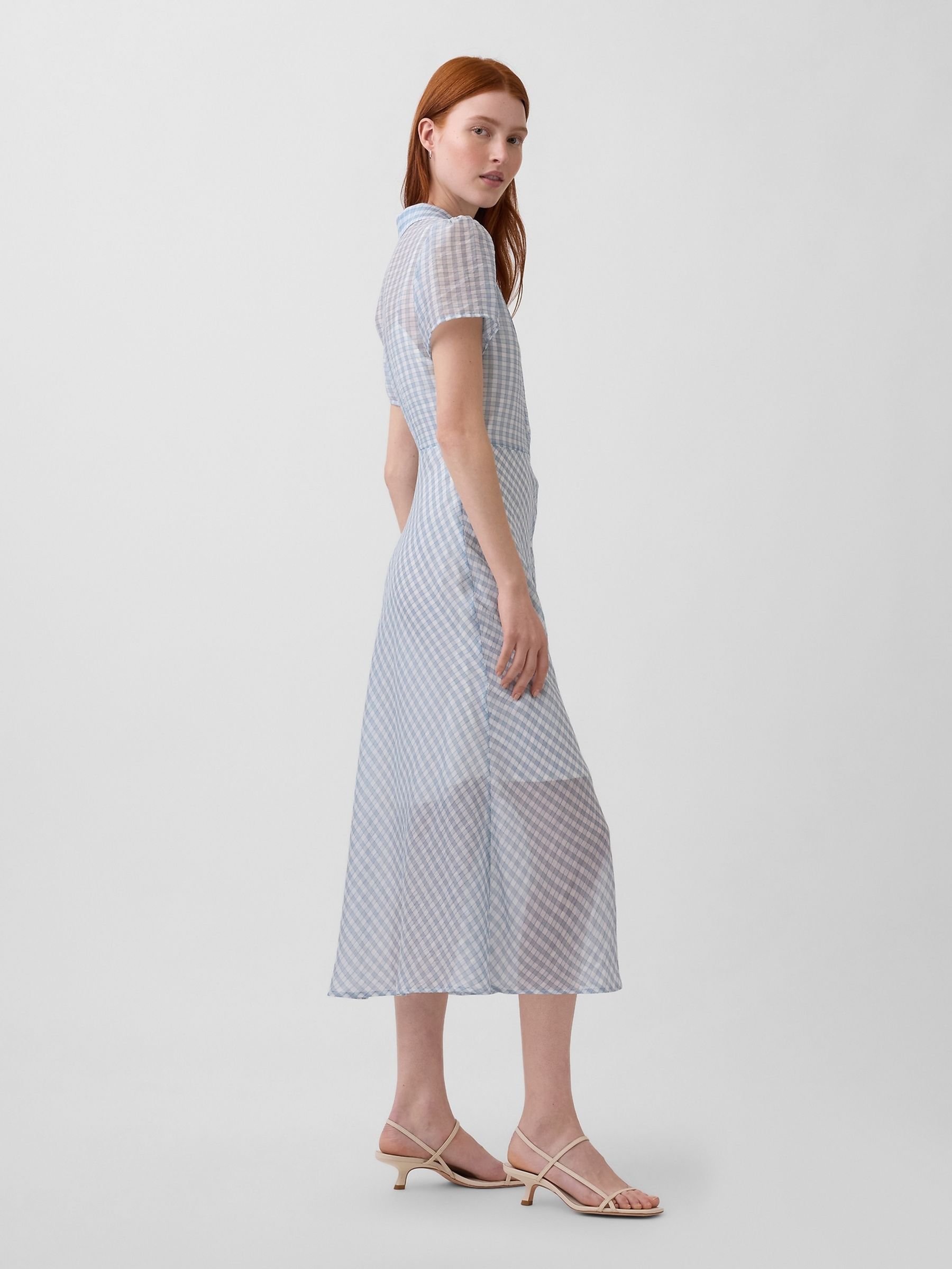 Blue Check Sheer Midi Shirt Dress - Image 3 of 4