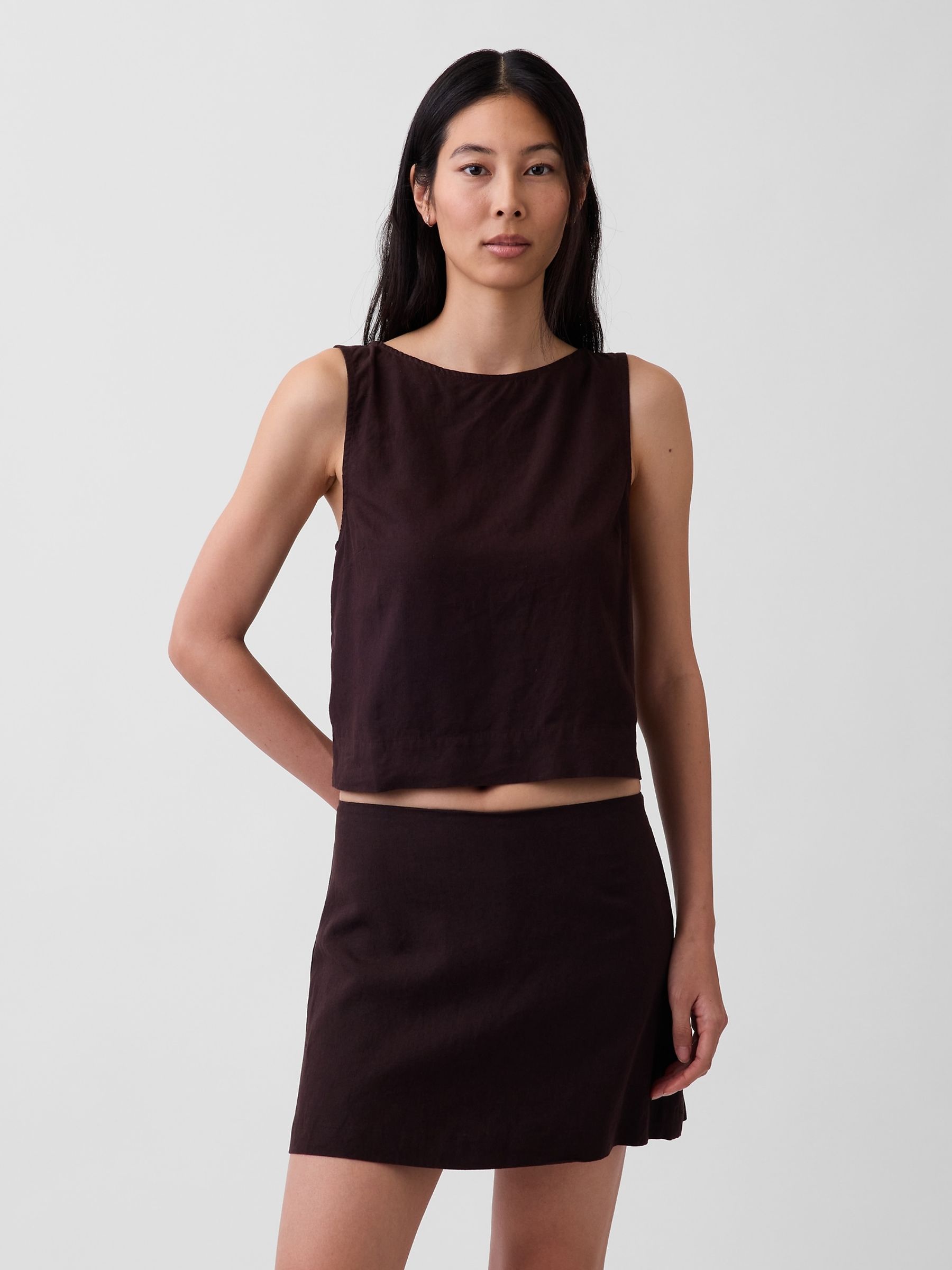 Brown Linen-Blend Crop Shell Vest - Image 1 of 4
