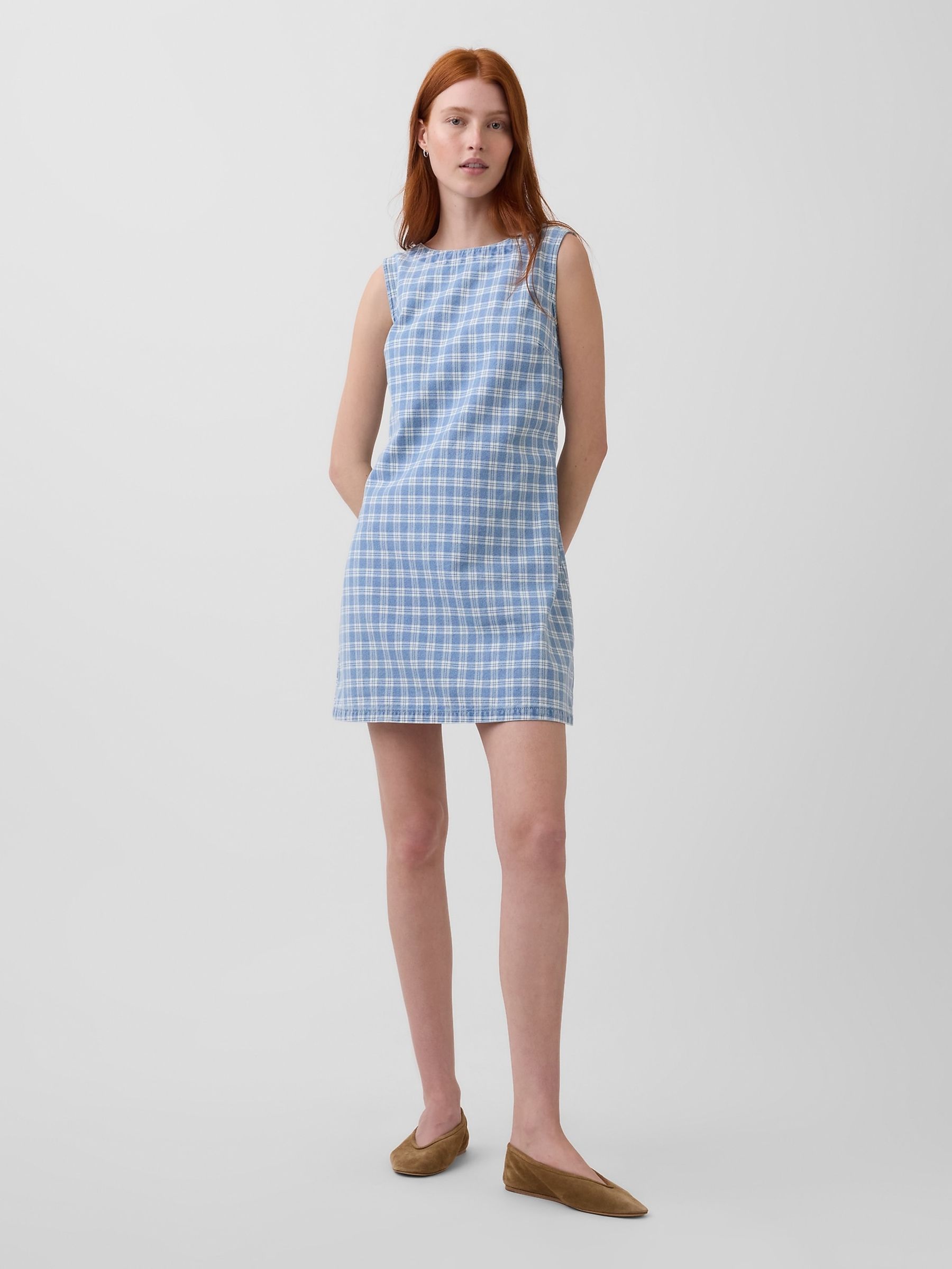 Blue Check Denim Mini Shift Dress - Image 1 of 4